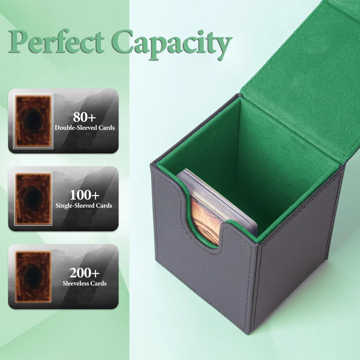 ECOSEAO Scatola Box Porta Carte, MTG Deck Box, Porta Deck Capacità 100+ Carte, con 2 Piastra di Partizione, Magnetic Flip Deckbox per YuGiOh TCG(Nero-verde)