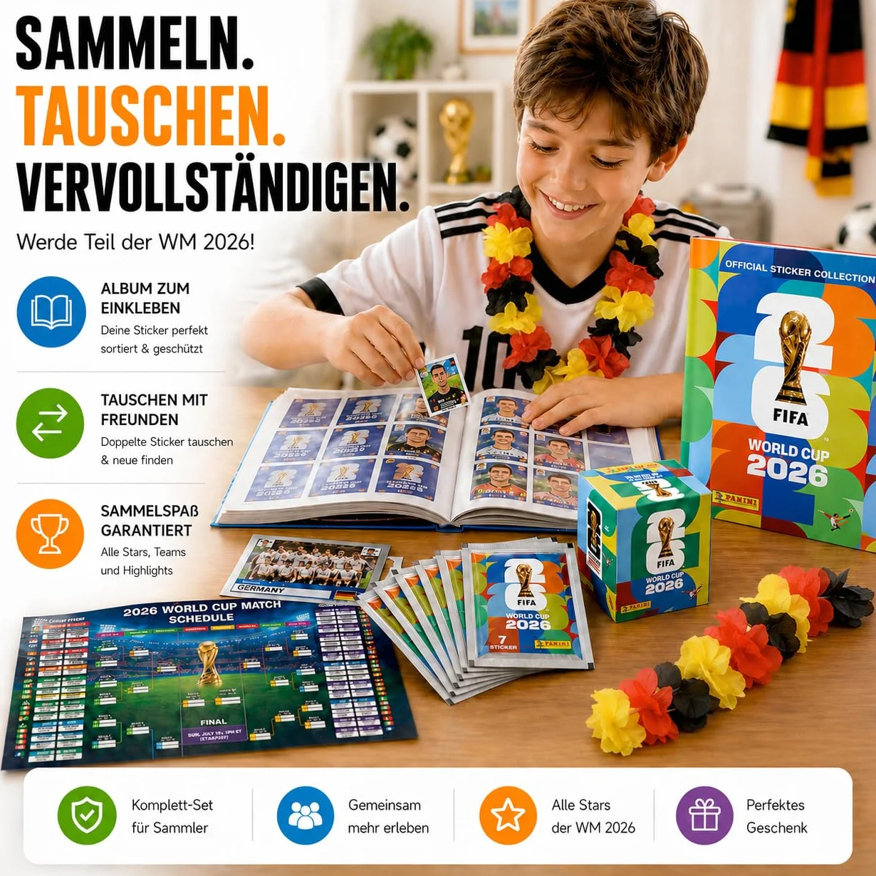 Set Panini Coppa del Mondo 2026 Figurine & Album – Calcio con Collana di Fiori, Album Panini & Calendario Partite (1 Bustina / 13 Figurine)