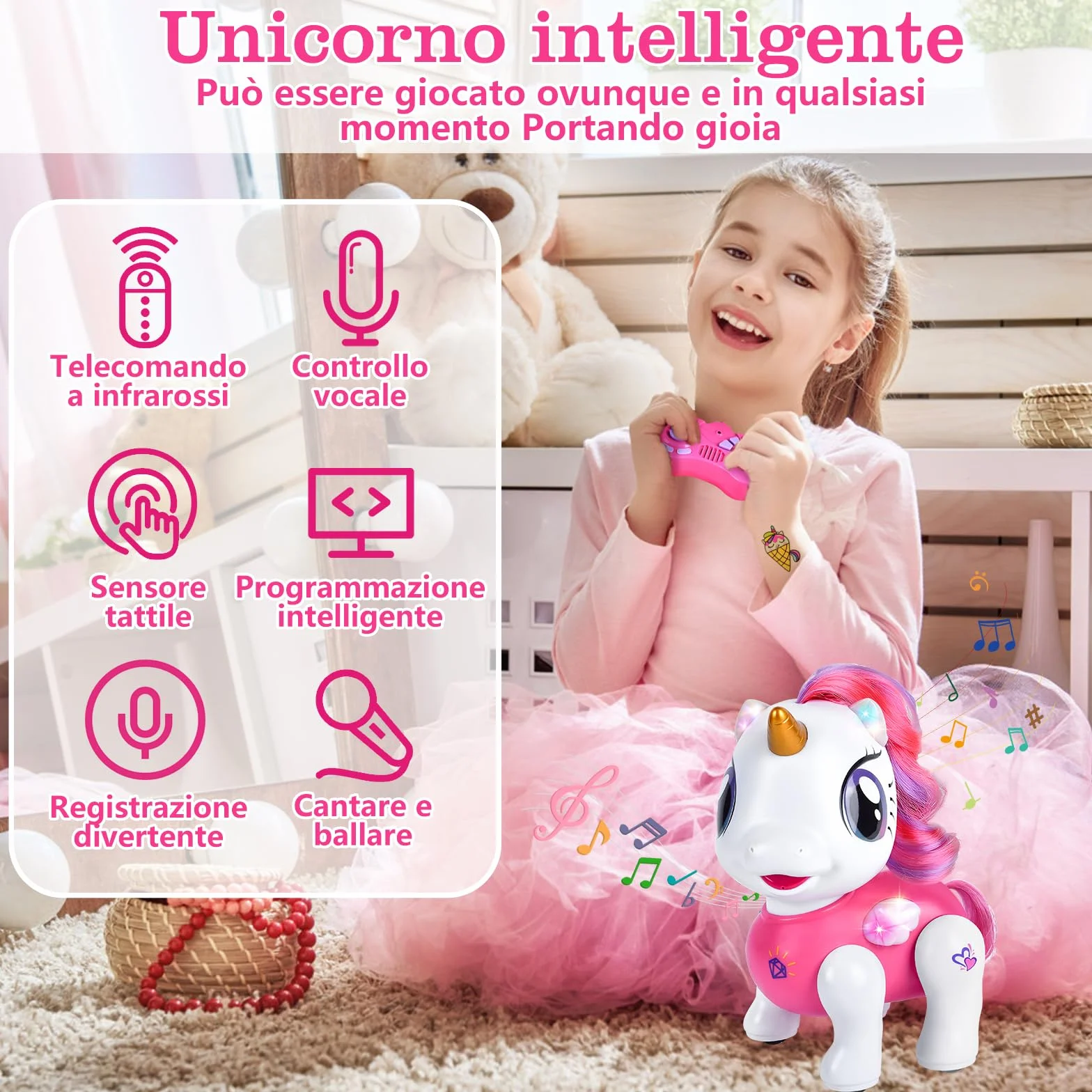 Joellfuner Unicorno Robot Giocattolo, Unicorno Bambina Regalo con Telecomandato, Robot Interattivo Touch Programmabile Danzante Musica Funzioni, Regalo per Bambini