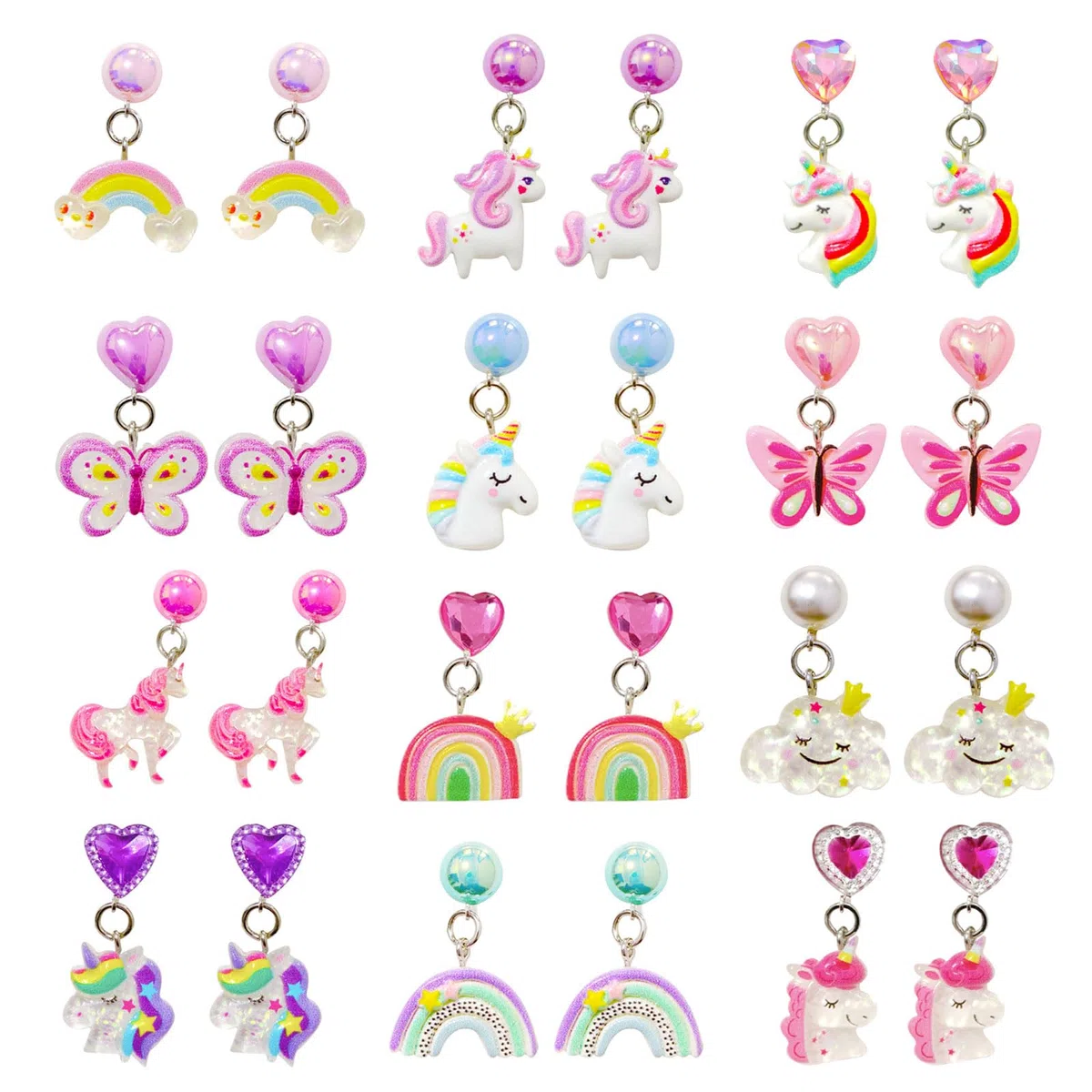 12 Paia di Orecchini a Clip per Ragazze, Set di Orecchini Senza Piercing con Cuscinetti per Orecchie, Dolce Design di Farfalle, Coniglietti e arcobaleni, gioiell