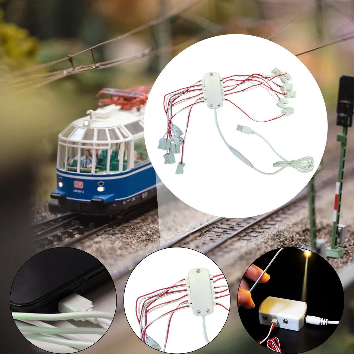Alimentatore USB da 5 con 12 Porte per Plastici di Treni, Ferrovie in Miniatura, Diorami Architettonici, Parti di Ricambio per Modellismo Ferroviario con Un Cavo USB da 1 Metro