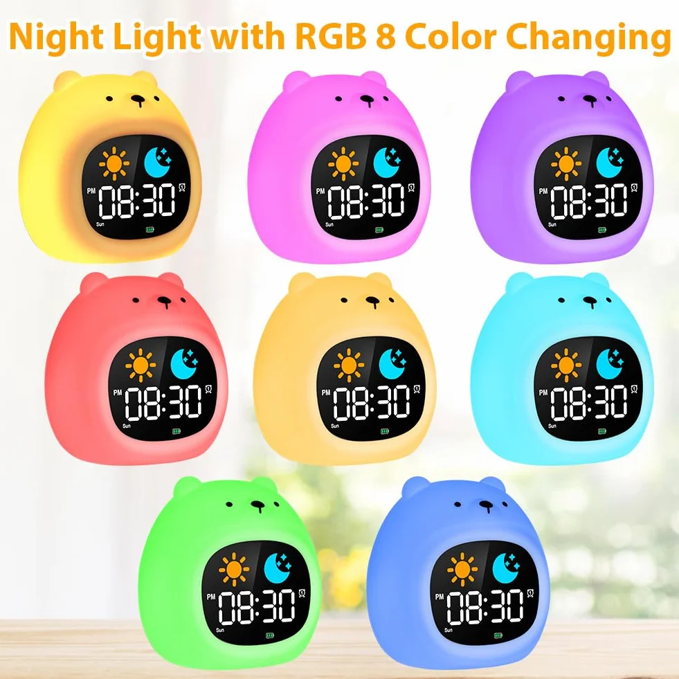 HOTUT Sveglia Bambini, Sveglia Digitale per Bambini, Sveglie da comodino con Luce Notturna Funzione Snooze Timer, 8 Colori Dimmerabile Lampada Notturna Ricaricabile, 6 Suonerie&Colori 8 Musica, Orso