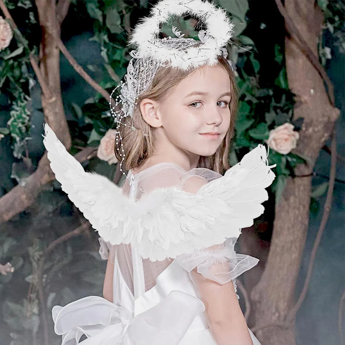 Ali d'angelo, bianco, 60 x 35 cm, costume da angelo con alone e bacchetta magica, ali di piuma, angelo bianco, costume da angelo da donna, per Halloween, carnevale, cosplay, feste, cosplay
