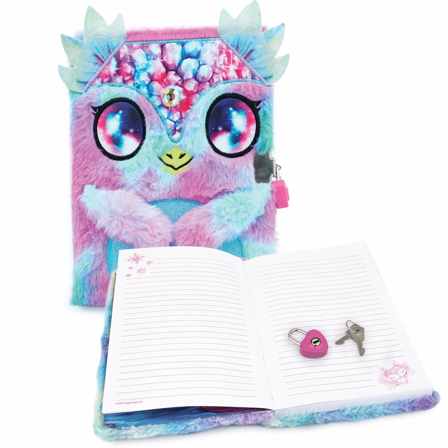 Nebulous Stars 12511 - Diario di Peluche Aura, 21 x 16 cm, diario in Blu/Rosa con Chiusura a Cuore, con Simpatico Disegno di Animali Soffici, con Unicorno, Pietre preziose e Occhi di Galassia