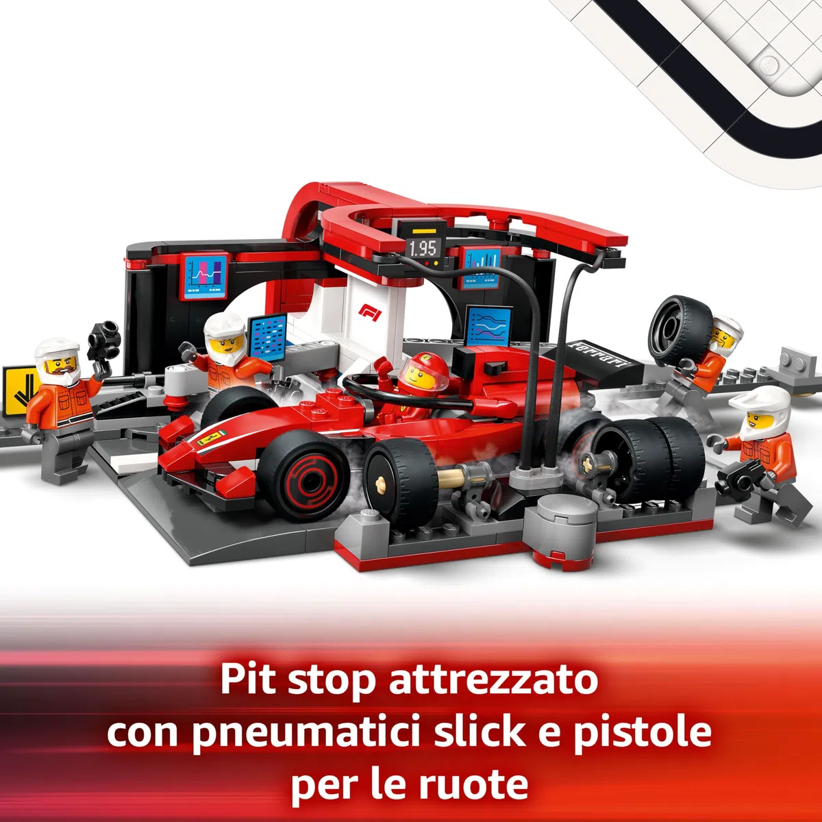 LEGO City Pit Stop e Meccanici con Monoposto Ferrari F1 - Kit Officina da Costruire con Macchina Giocattolo, Minifigure e Accessori, Giochi per Bambini da 6 Anni Fan delle Auto da Corsa Sportive 60443
