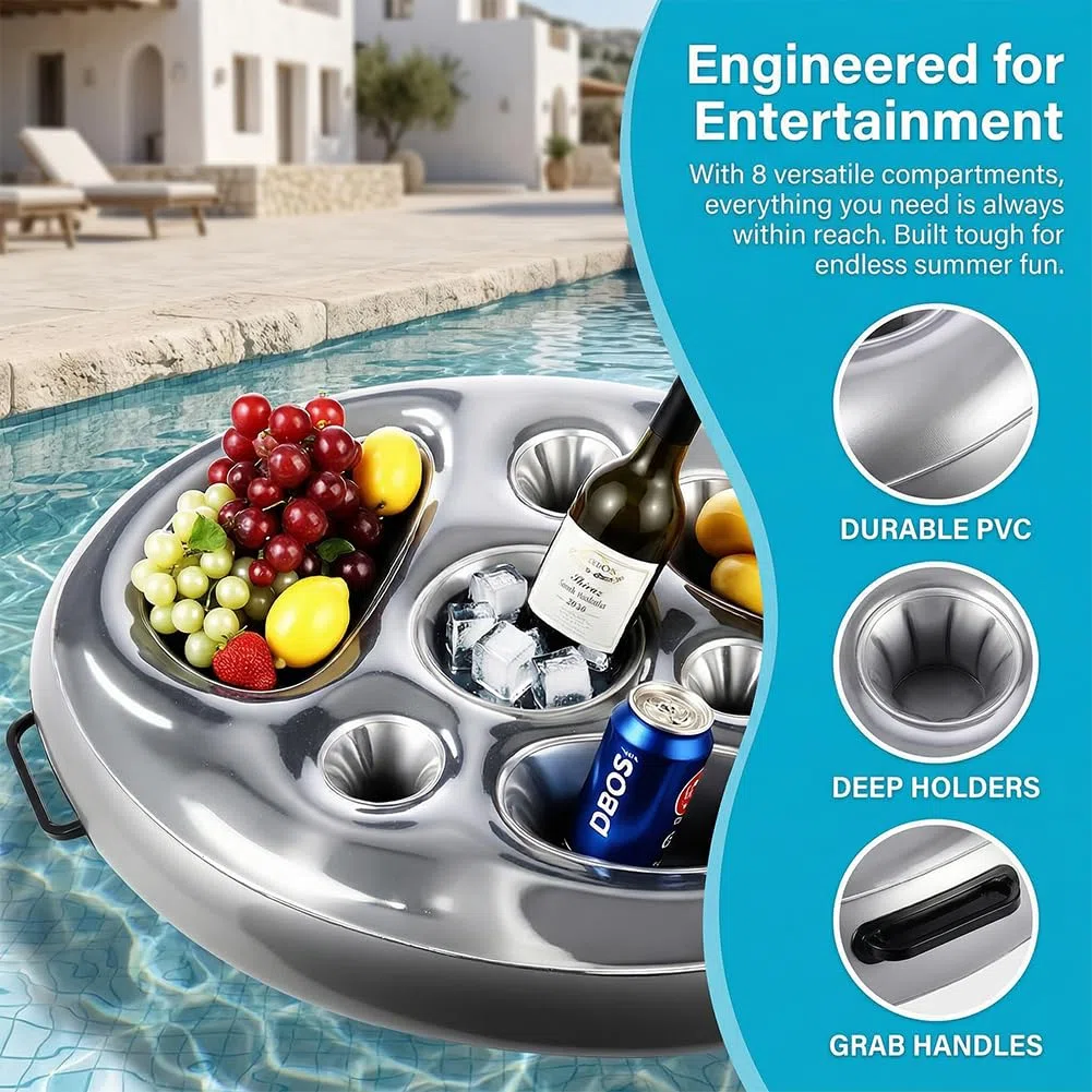 Portabibite Gonfiabile Portabevande 2-in-1, Vassoio Gonfiabile Per Piscina, Vassoio per Cibo Galleggiante per Piscina con 8 Fori, Scaffali Galleggianti di Bevande Alle Feste Estive in Piscina