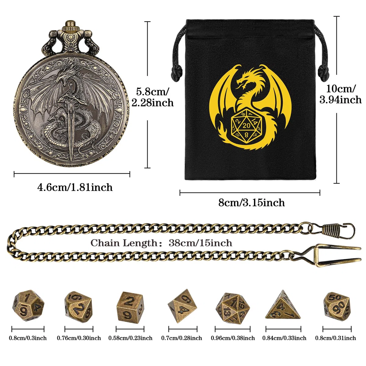 Mini Set di Dadi DND, Drago Volante Che Tiene La Spada Custodia per Orologio da Tasca, 7 pezzi in Metallo Poliedrico Set di Dadi D&D, Regali di D&D con Sacchetto Regalo, Accessori per Giochi di Ruolo