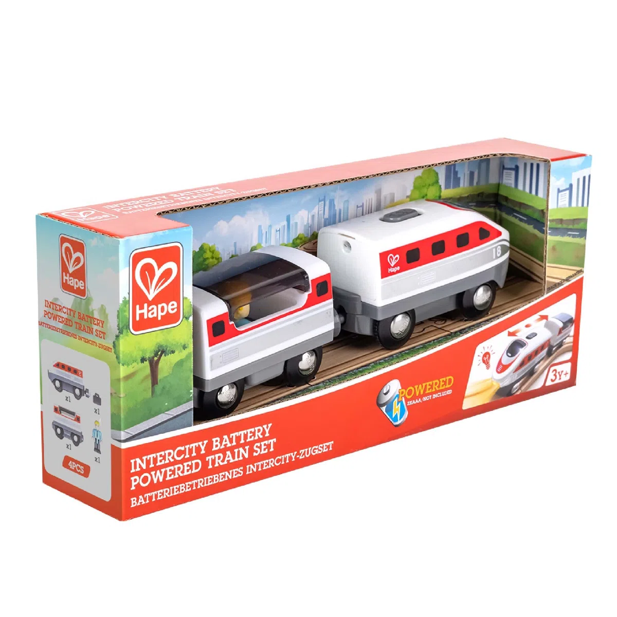 Hape Treno Intercity a batteria - Moderno trenino passeggeri bianco e rosso con tetto apribile per bambini dai 3 anni in su