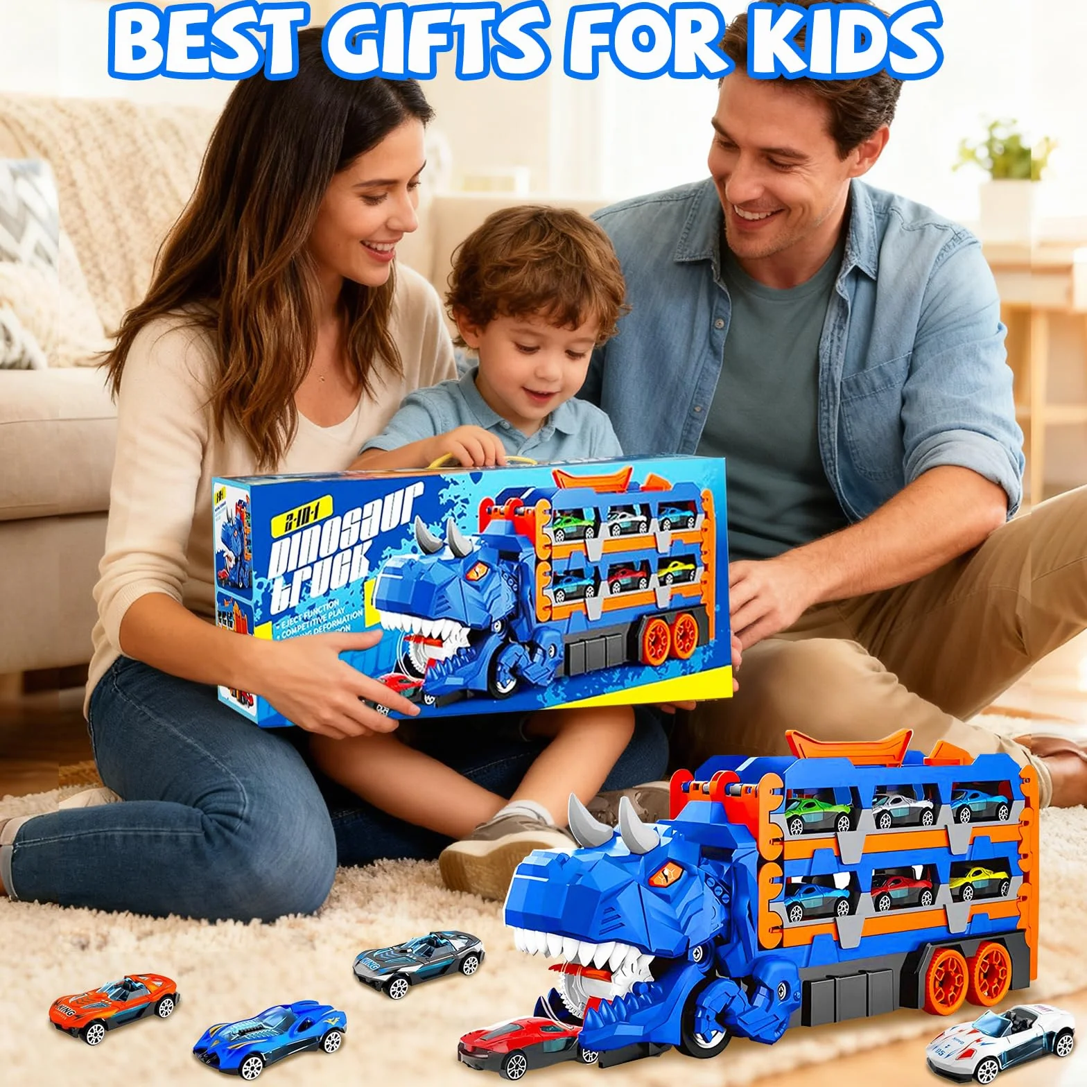 Camion dei Trasporti Dinosauro Giocattolo per Bambini, Giocattolo 3 in 1 con Pista Piegevole e Lanciatore, Camion Portatile con 12 Auto da Corsa, Regalo per Bambini di 3 4 5 6 7 8 Anni