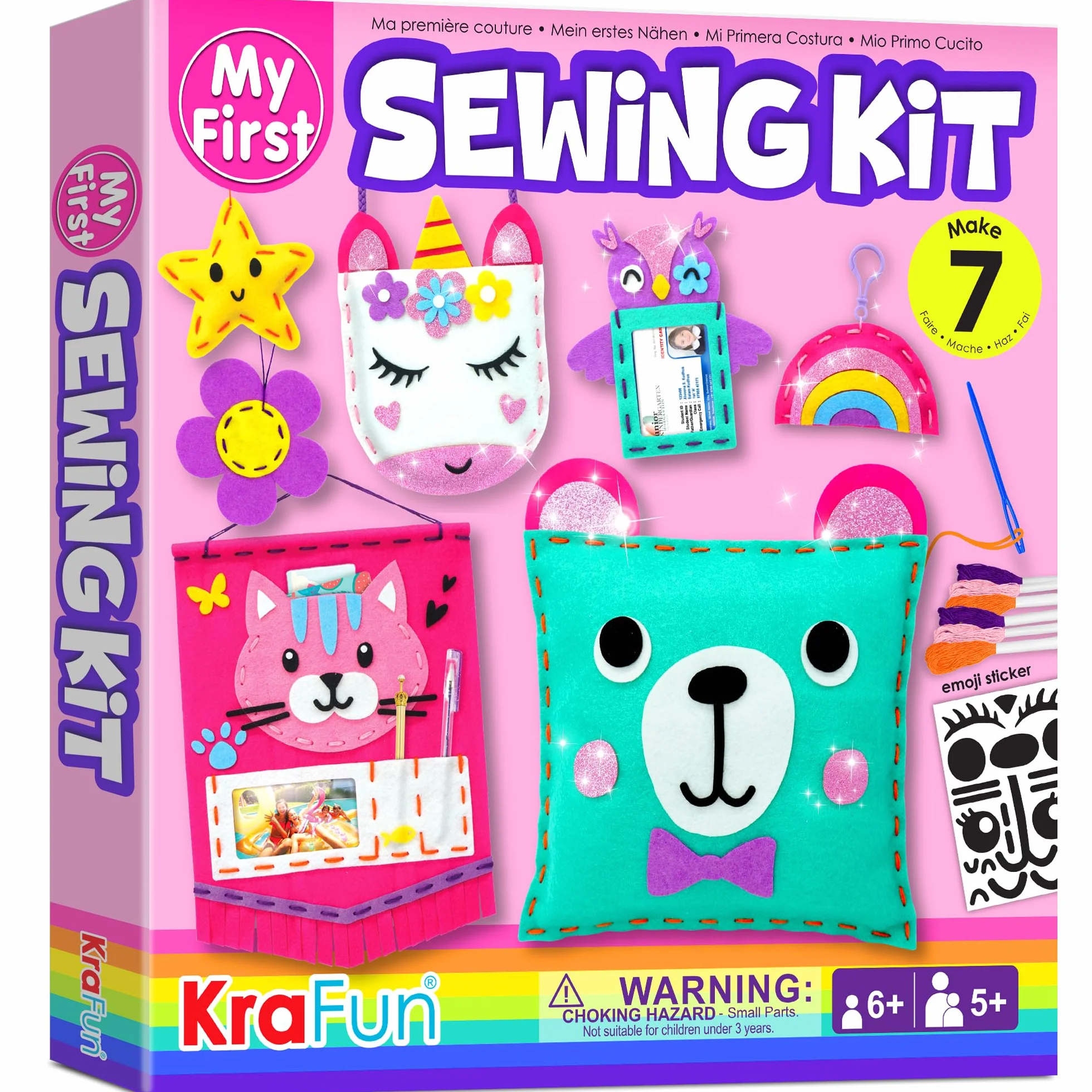 KRAFUN Kit da Cucito in Feltro per Bambini 5+ Anni, 7 Progetti Facili (Borse, Cuscini, Portachiavi), Istruzioni, Scatola Riutilizzabile, Giocattolo Educativo