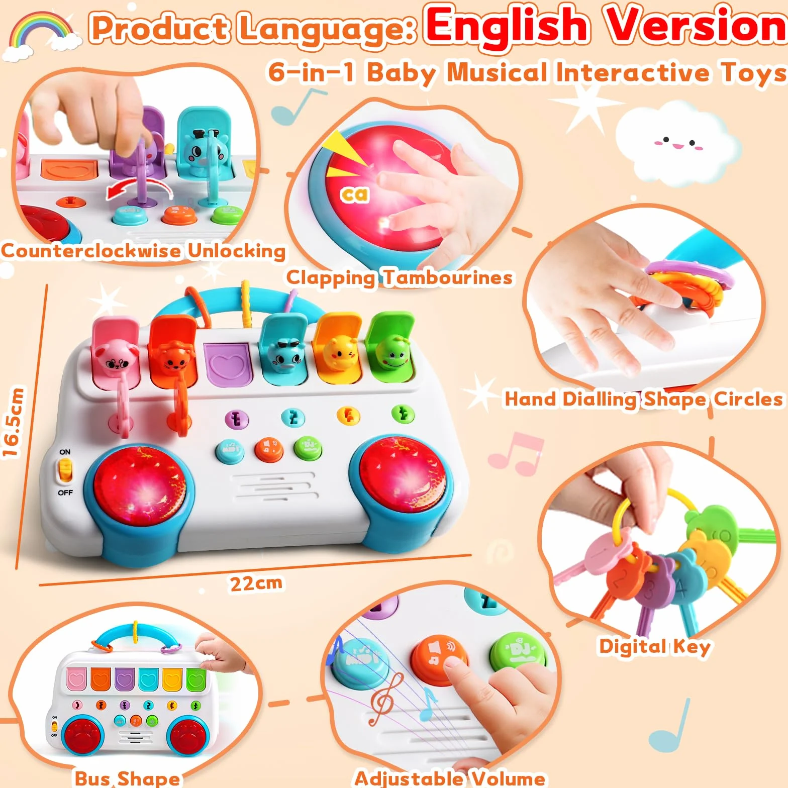 Giochi Bambini 1 Anno - Giochi Montessori 1 Anno 6 Animali Giocattolo per Bambini con Musica e Chiavi, Gioco Bimba Gioco Bambino Giocattoli Educativi Interattivi Bambino Regalo Bimbo Bambina 1 2 Anni
