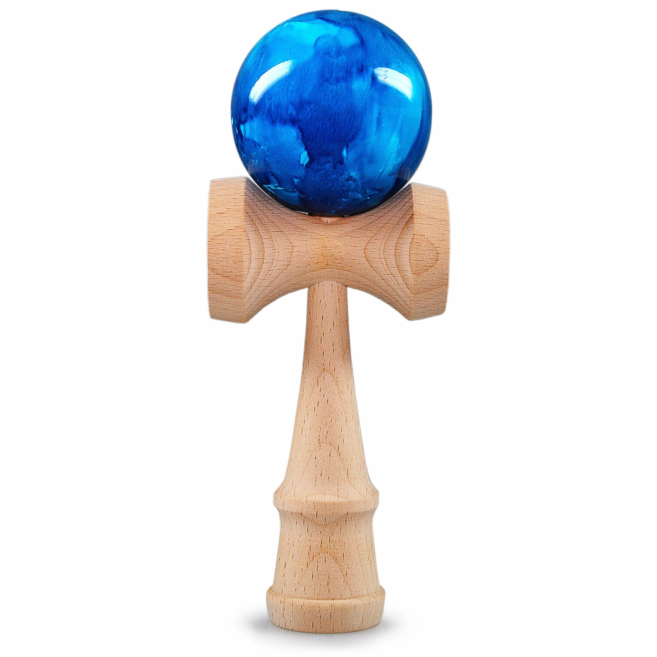 Ganzoo Kendama Blue Flash in legno di faggio, gioco tradizionale giapponese di abilità e bilanciamento con pallina forata, cordino nylon resistente allo strappo, 3 coppe, 16 cm, peso totale 144 g