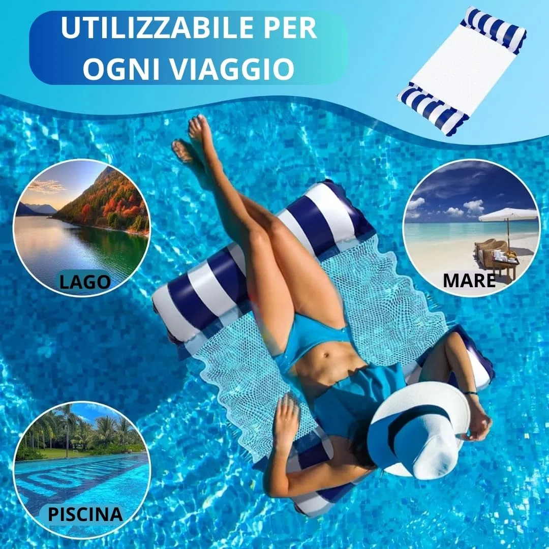 2 Amaca Gonfiabile Galleggiante da Mare 4 in 1 – Materassino Mare con Rete in Poliestere per Adulti e Bambini – Amaca Da Mare Ideale per Piscina, Mare e Lago – Universale