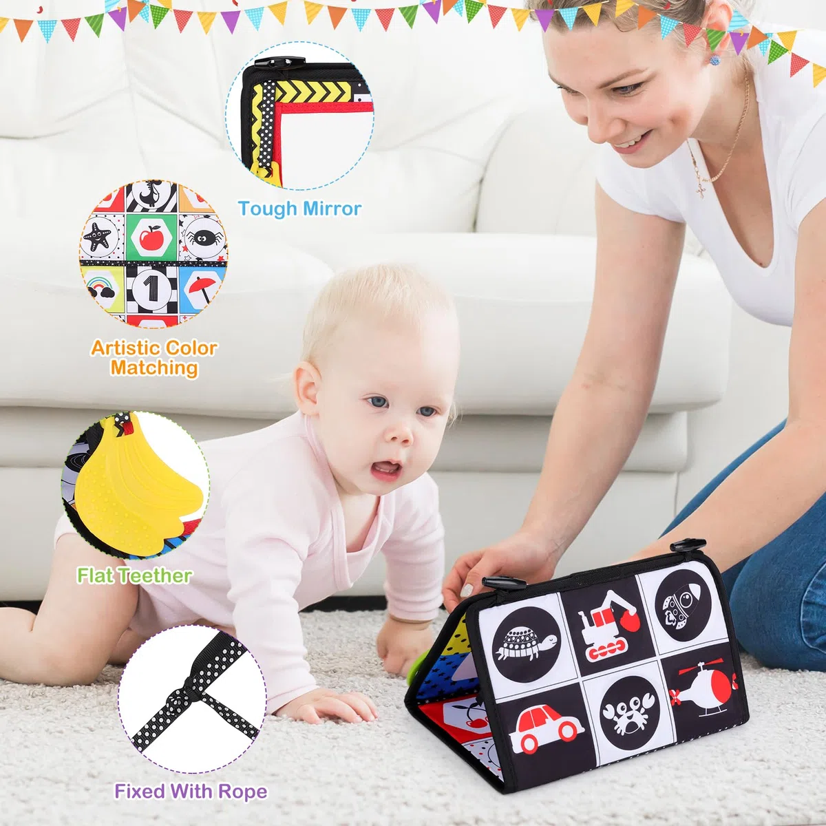 Libro Sensoriale Neonati con Specchi, Specchio Montessori Neonati Libri di Stoffa Tummy Time Neonato Specchio Neonato per Neonata Femmina & Maschio 0 3 6 12 Mesi, Numero