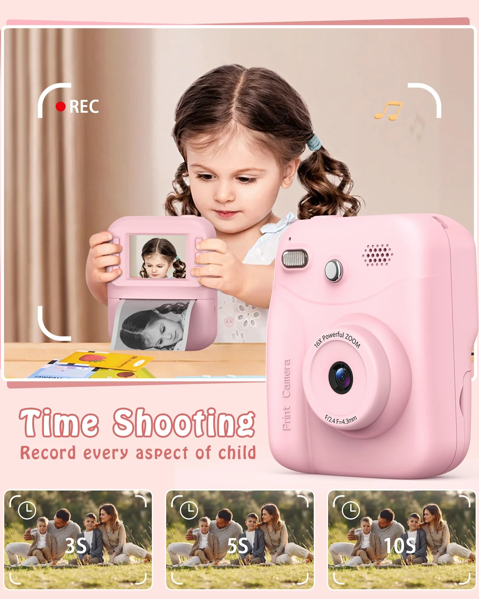 Macchina Fotografica Bambini, Schermo 2.4 HD Pollici e, Scheda da 32 GB e 3 Rotoli di Carta Fotografica, 1080P Macchina Fotografica Istantanea, Adatto Bambini dai 3 ai 12 Anni (Rosa)