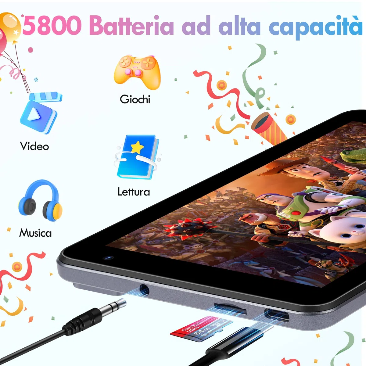 Tablet Bambini 7pollici, Android 13, Octa-Core, 8GB+64GB (esp. 256GB), 5800mAh Batteria, Doppia Cam. 5MP+8MP, Software Bambini