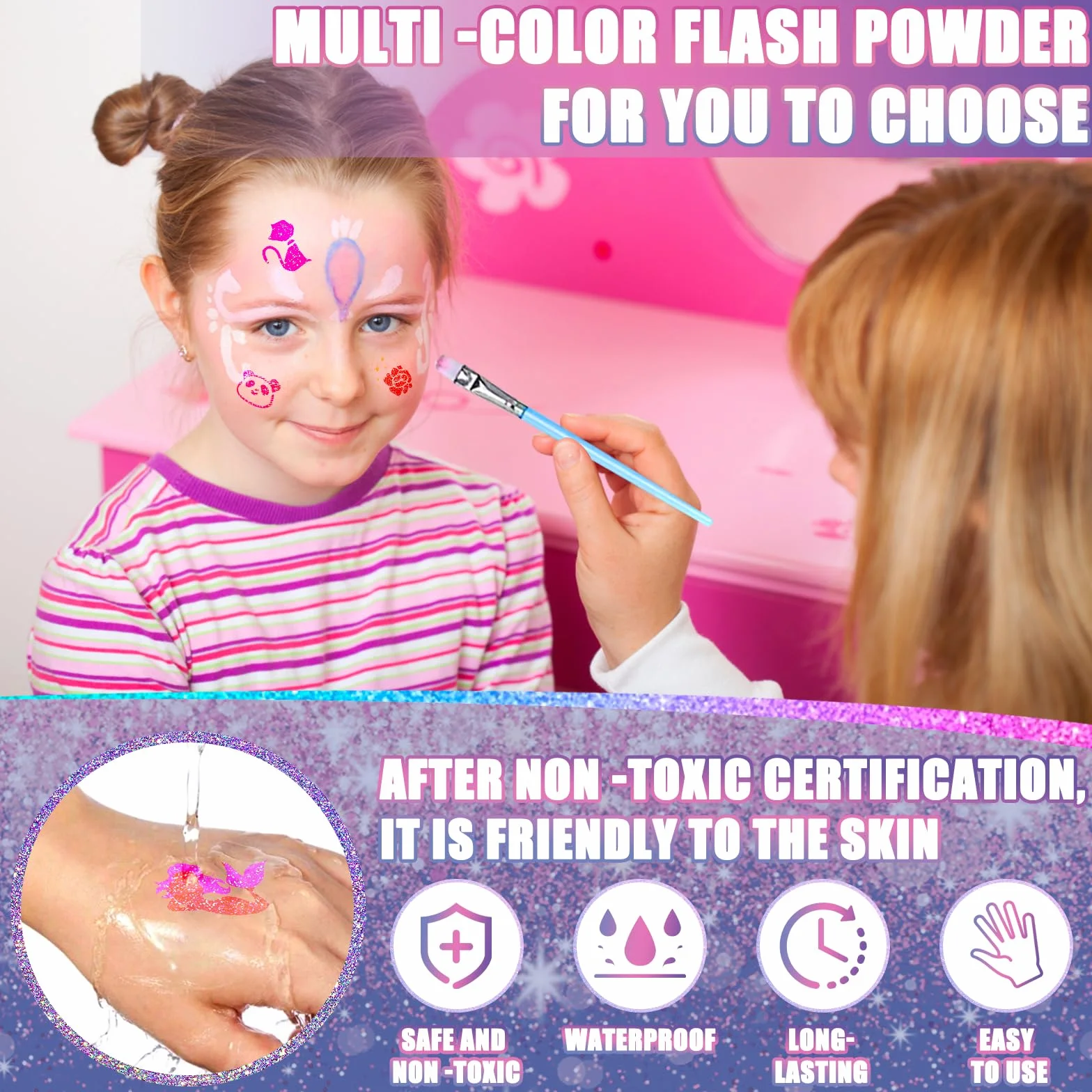FAMKEEP Set Tatuaggi Glitter,42 Colori Tatuaggi Kit,223 Stencil, 5 Pennelli, 3 Colla,Tatuaggi Impermeabili Kit Tatuaggi Flash per Ragazzi, Ragazze e Festa,Regali per Natale e Carnevale