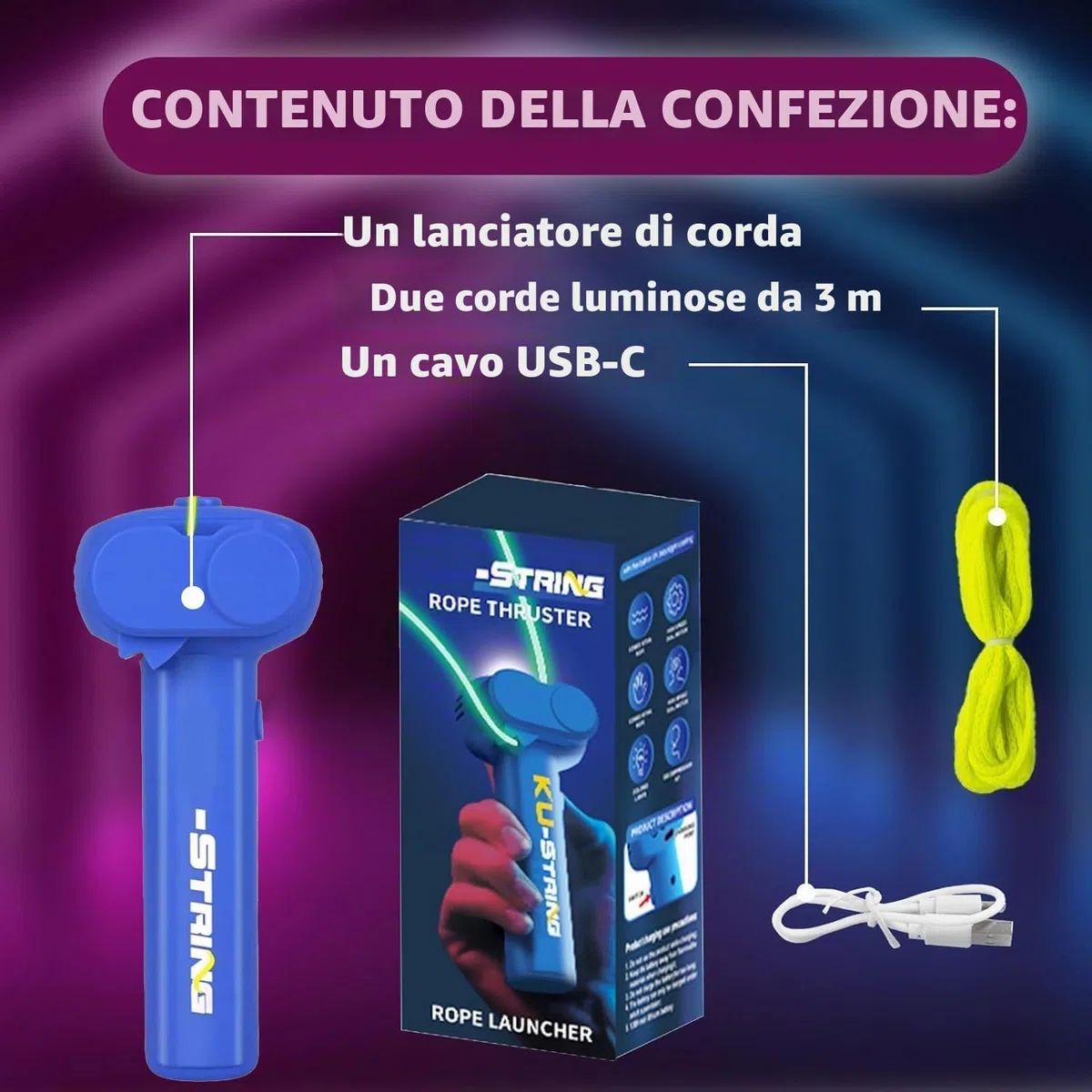 Lasso Shooter per bambini, Elica del lanciatore di corde, Lasso che brilla nel buio, Giocattolo a molla di tiro, giocattolo di tiro di corda manuale con cerniera