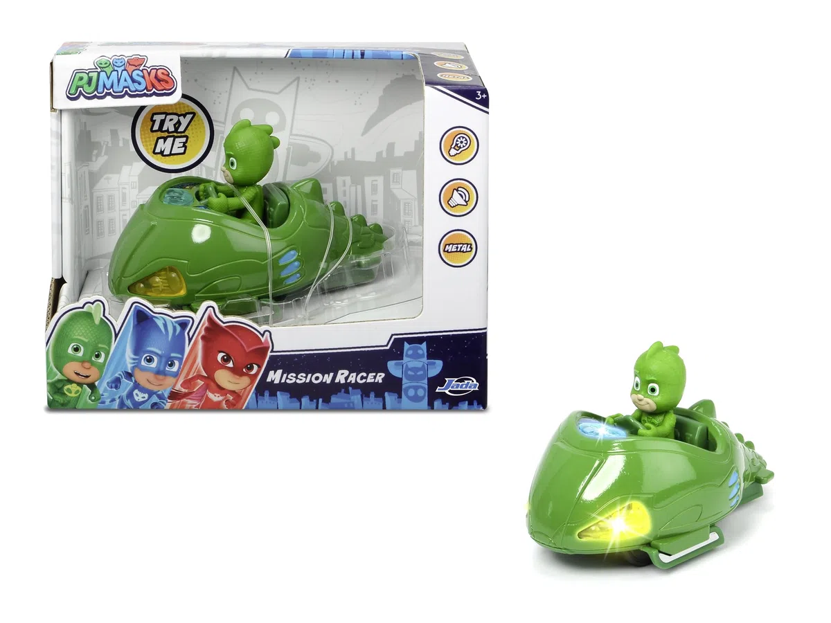 Dickie Toys PJ Masks Mission Racer Geco - Veicolo ruote libere, pressofuso, luci e suoni, riproduzione della sigla del cartone animato figura Geco, 12 cm, verde, con batterie