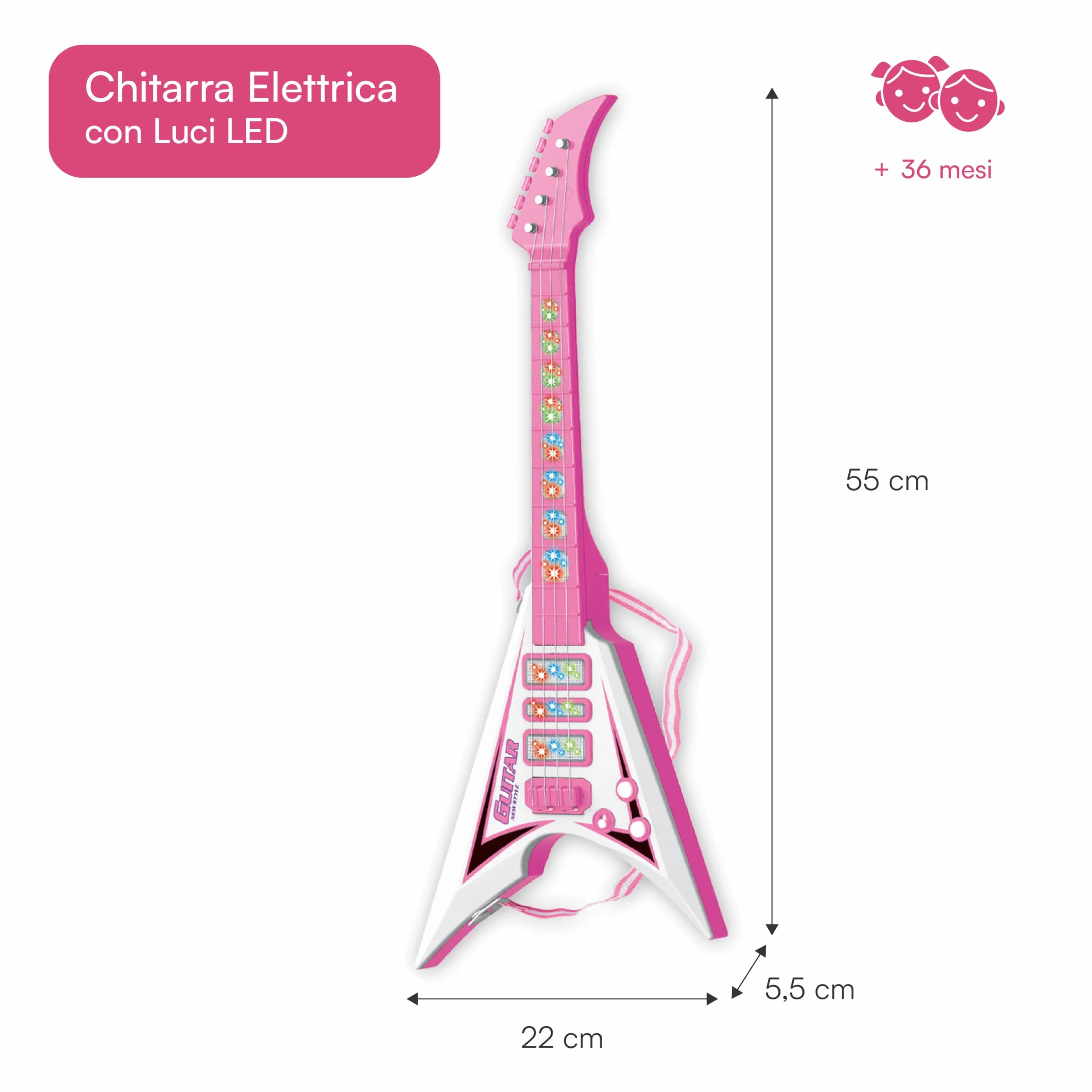 Baroni Toys Chitarra per Bambin e Bambini, 3+ Anni con Luci, Giocattolo Musicale con Effetti Sonori e Luminosi, Chitarra Elettrica Musicisti, Rosa, 22x5.5x55cm