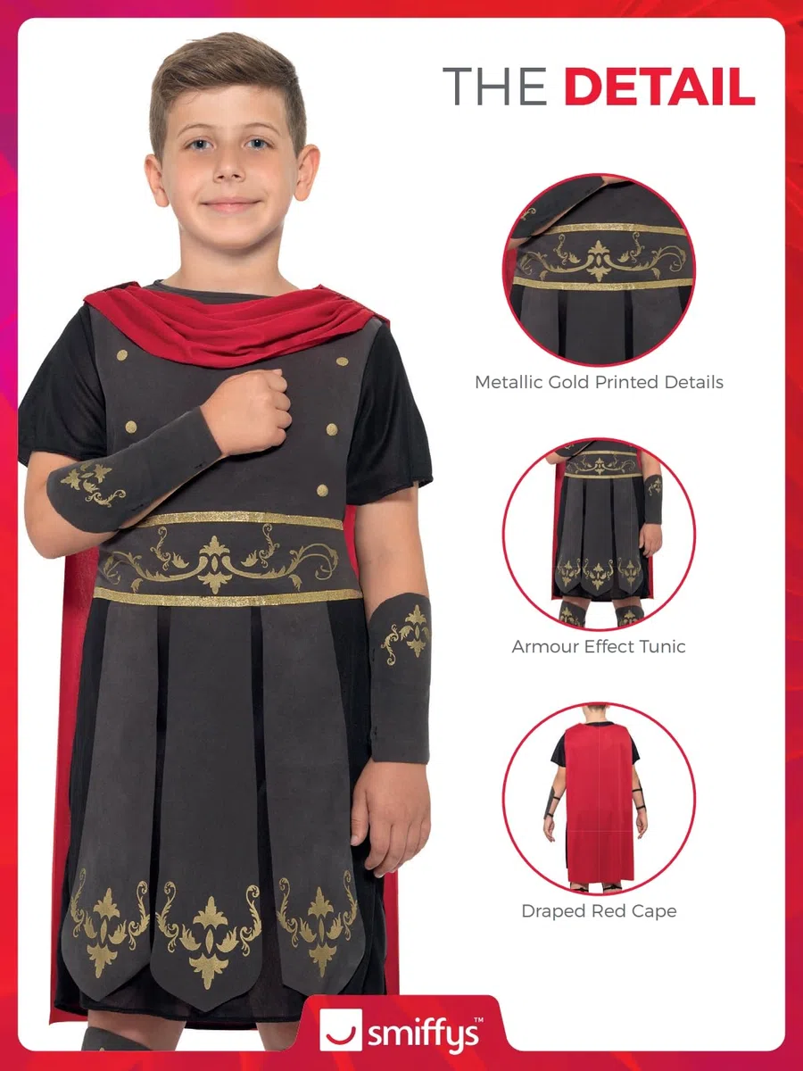 Smiffys Costume da soldato romano, nero con tunica, mantello attaccato, polsini con braccia e gambe, costume per bambini, costume per bambini
