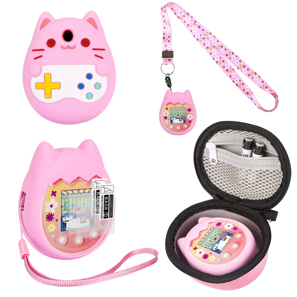 Custodia in silicone e custodia rigida compatibile con Tamagotchi Pix giocattolo virtuale per animali domestici, custodia protettiva per Tamagotchi Pix con cinturino da polso, protezione
