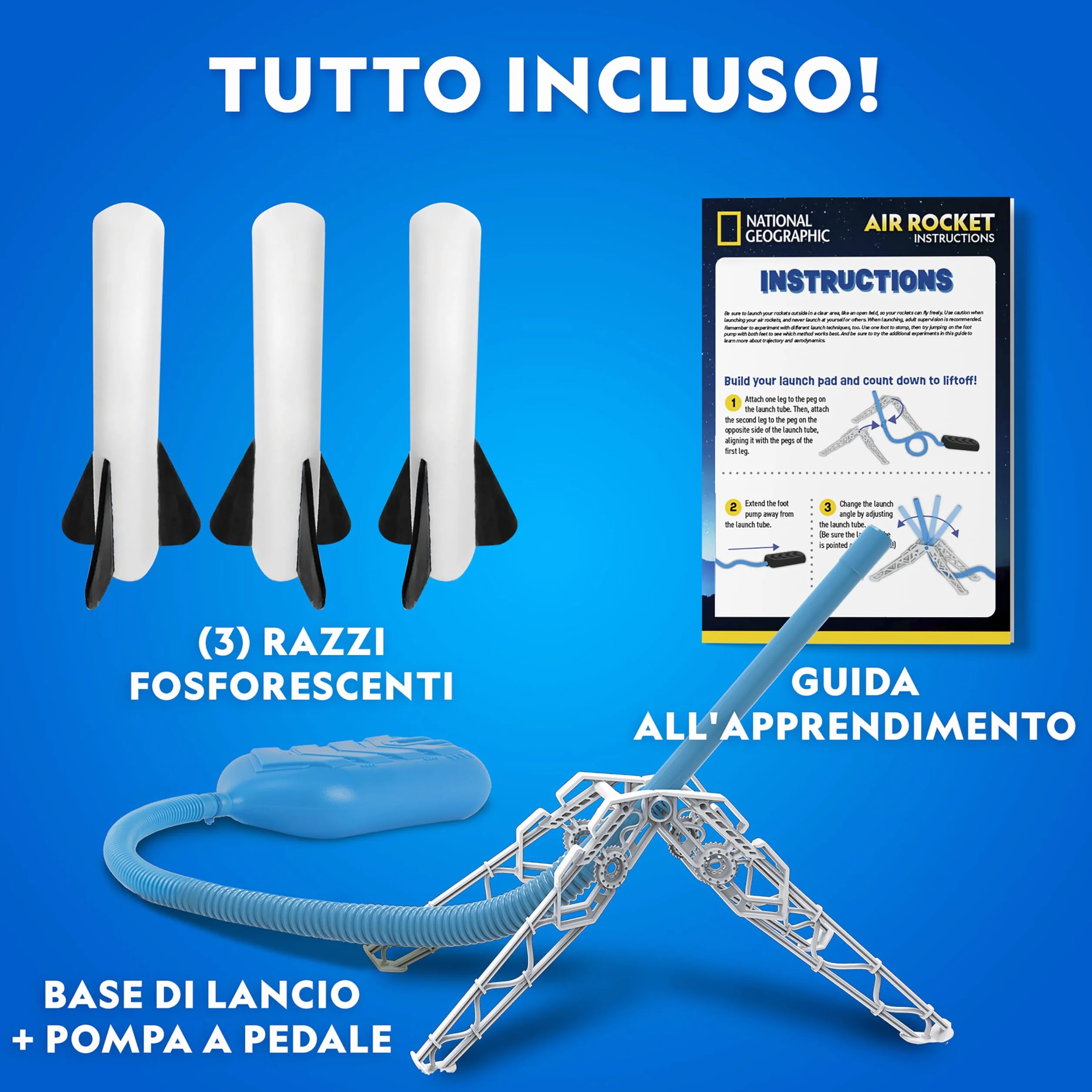 NATIONAL GEOGRAPHIC Lanciarazzi ad Aria per Bambini – Lancia Razzi Fosforescenti fino a 30 Metri, Giocattolo da Esterno per Bambini 8-12 Anni