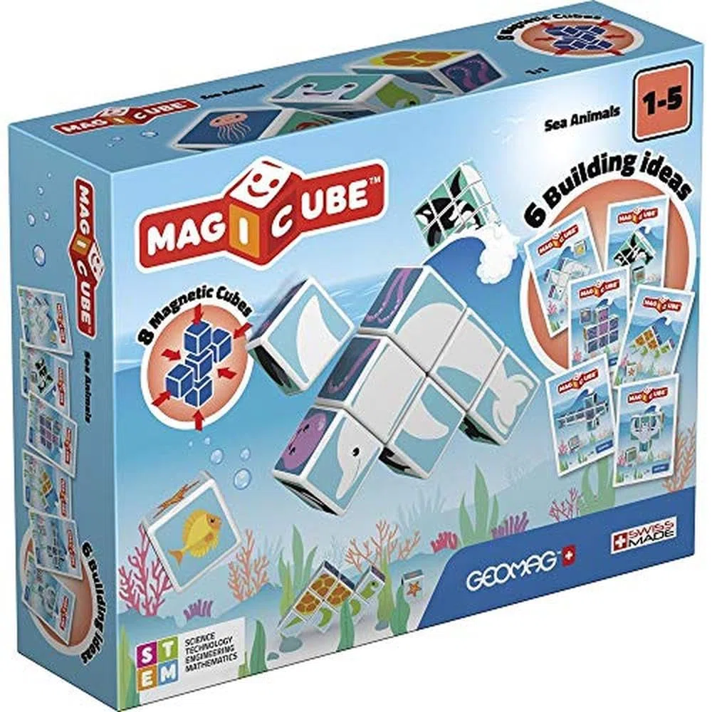 Geomag Magicube Sea Animals 8 cubi Gioco di Costruzione Magnetico Bambino, Regalo bimbo bimba 1 2 3 4 5 6 anni, 100% plastica riciclata, educativo montessori, cubi magnetici, costruzioni magnetiche