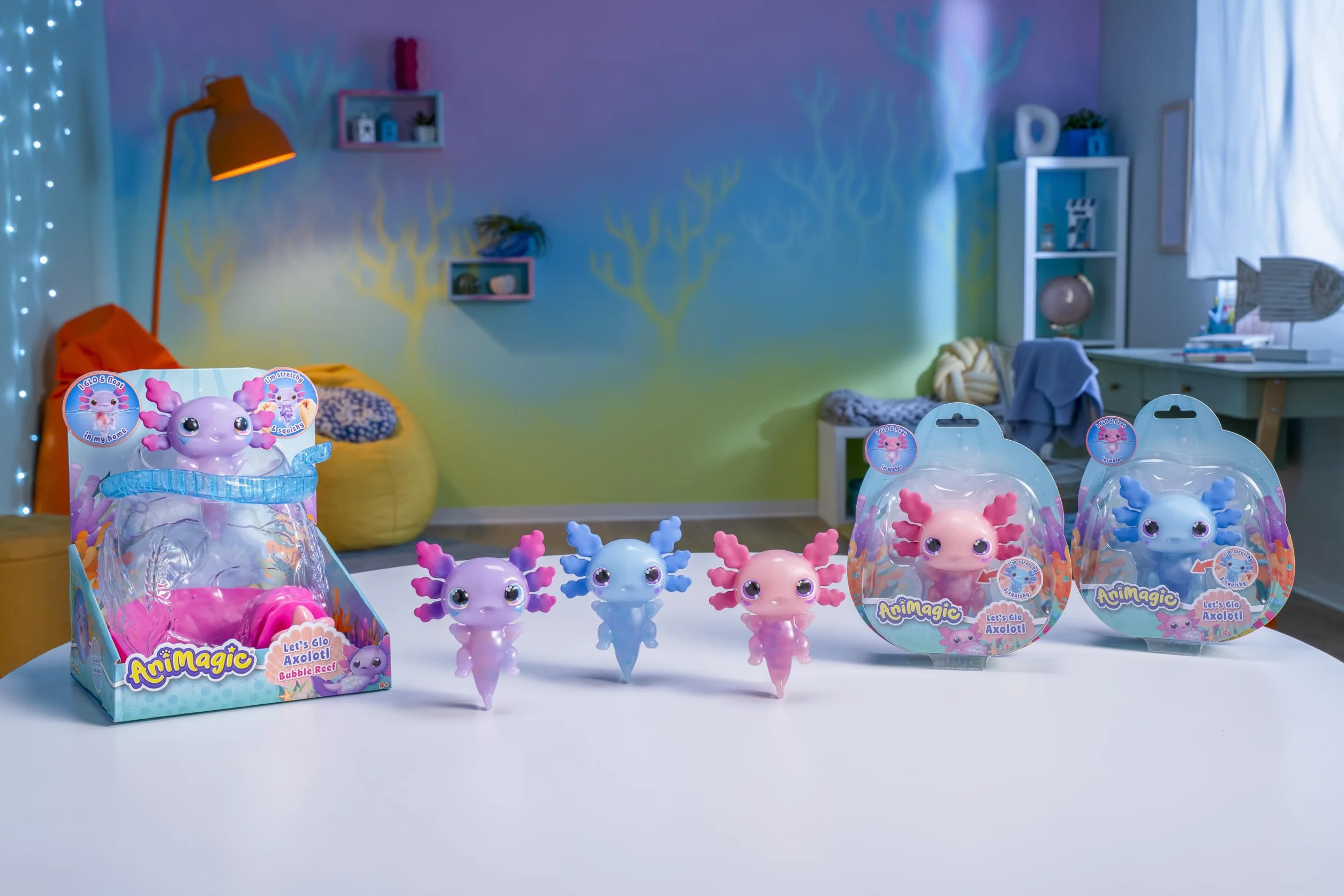 Animagic - Acquario Axolotl - Trasporta Il Tuo Axolotl Flessibile e Luminoso - per Bambini dai 4 Anni - Gioco Sensoriale e Interattivo - Premi la Stella per Interagire con Il Tuo Animale Luminoso