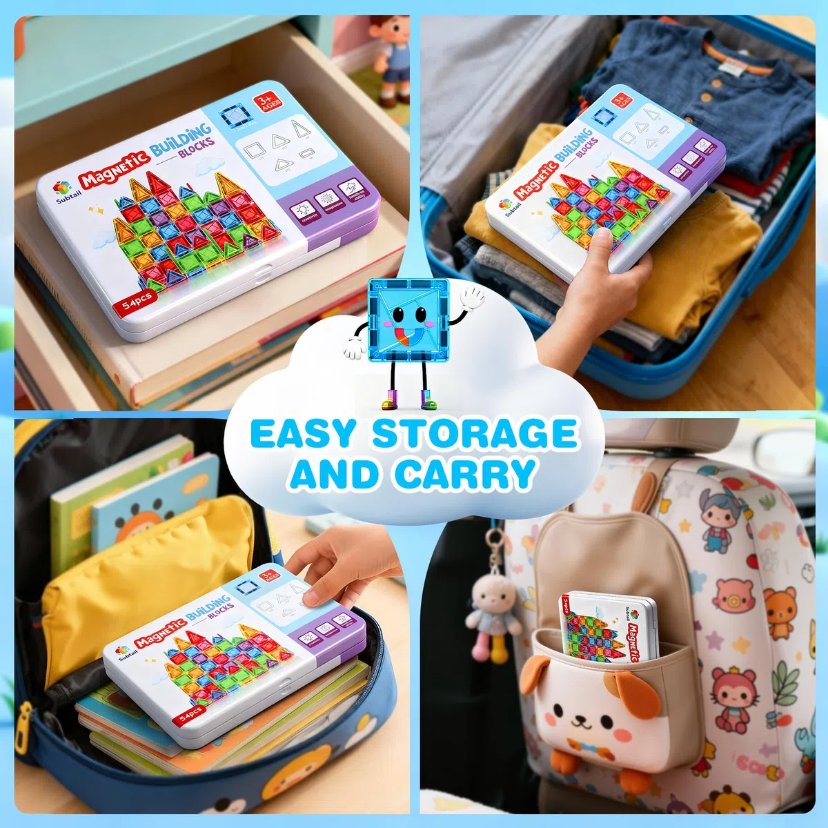 Subtail Costruzioni Magnetiche da Viaggio - 54PCS Mini Giochi Magnetici per Bambini Bambina 3 4 5 6 7 8 Anni Magnetic Tiles Giocattoli Magnetici Viaggio Ragazzi Ragazze 3+ Anni Compleanno Pasqua