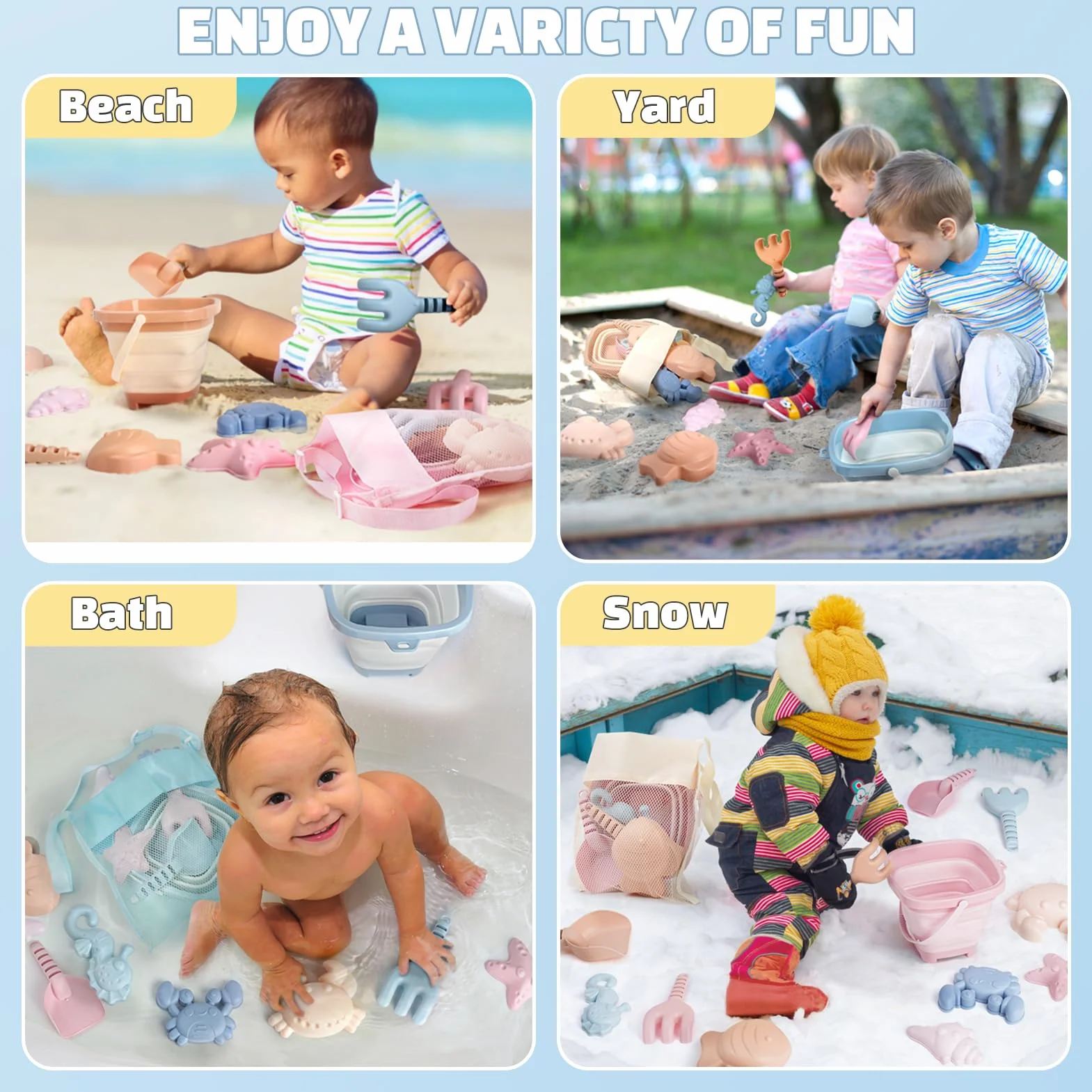 Dreamon Giochi Spiaggia Bambini, 18 Pezzi Giochi Mare con Secchiello Spiaggia Bambini Pieghevole Paletta Borsa Rete Giochi Spiaggia