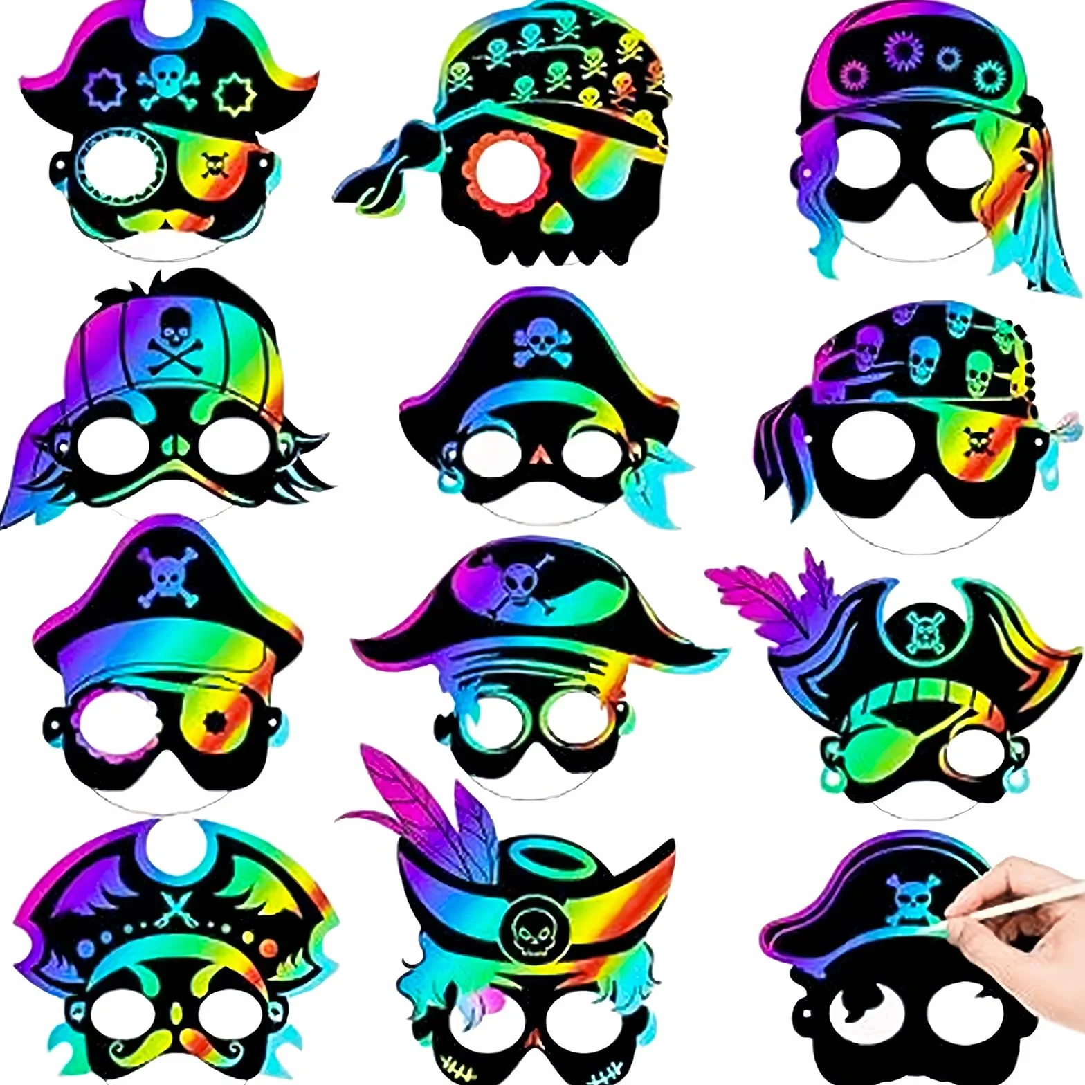Qpout 48 maschere da graffio a tema pirata arcobaleno, per compleanni, Halloween, feste in maschera