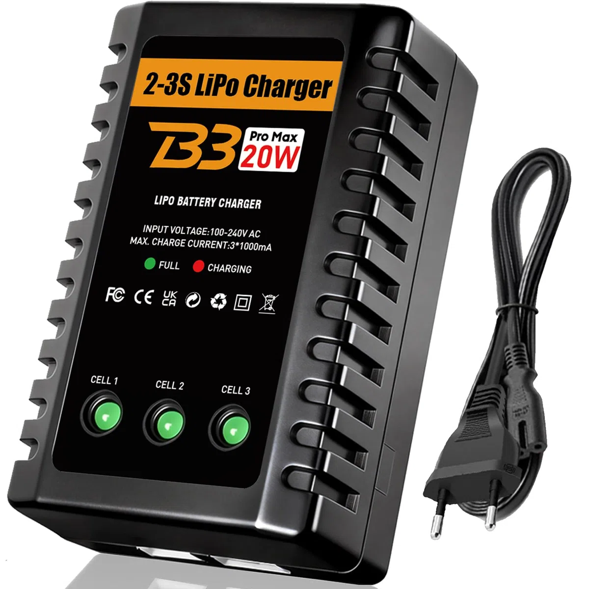 HTRC Caricabatterie Lipo Bilanciatore 2S-3S 20W, Caricabatteria Lipo per Batterie 7.4V e 11.1V, Caricabatterie RC con LED Indicatore, per Drone, Auto RC, Armi Airsoft, Barche RC, ecc