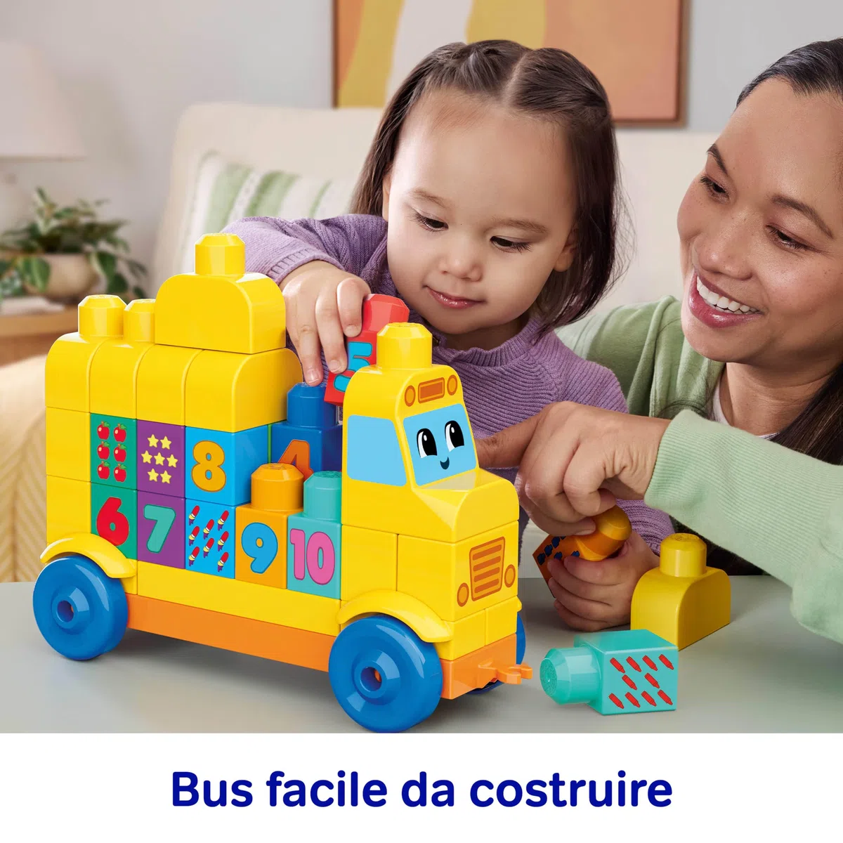 MEGA Bloks - Scuolabus Costruisci e Impara, Set con 45 Blocchi da Costruzione per Imparare i Numeri e a contare, scuolabus Giallo e Decorazioni Inclusi, 1+ Anni, JKG34