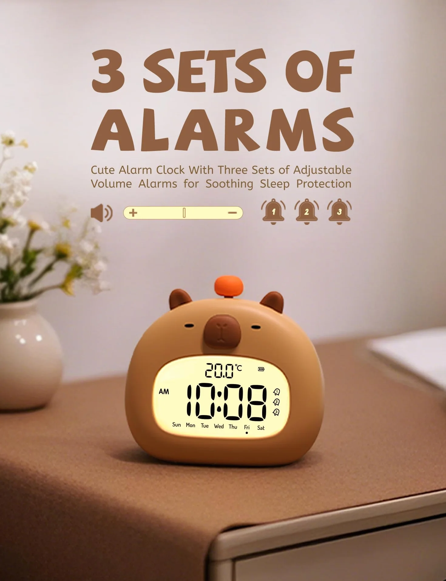 IHALO Capibara Sveglia Bambini, Comodino con Luce Notturna, Display Digitale LED 3,15 Pollici, Tre Allarme, Modalità Weekend, Data, Ora, Temperatura, Ricaricabile, Decorazione Cameretta per Bebè