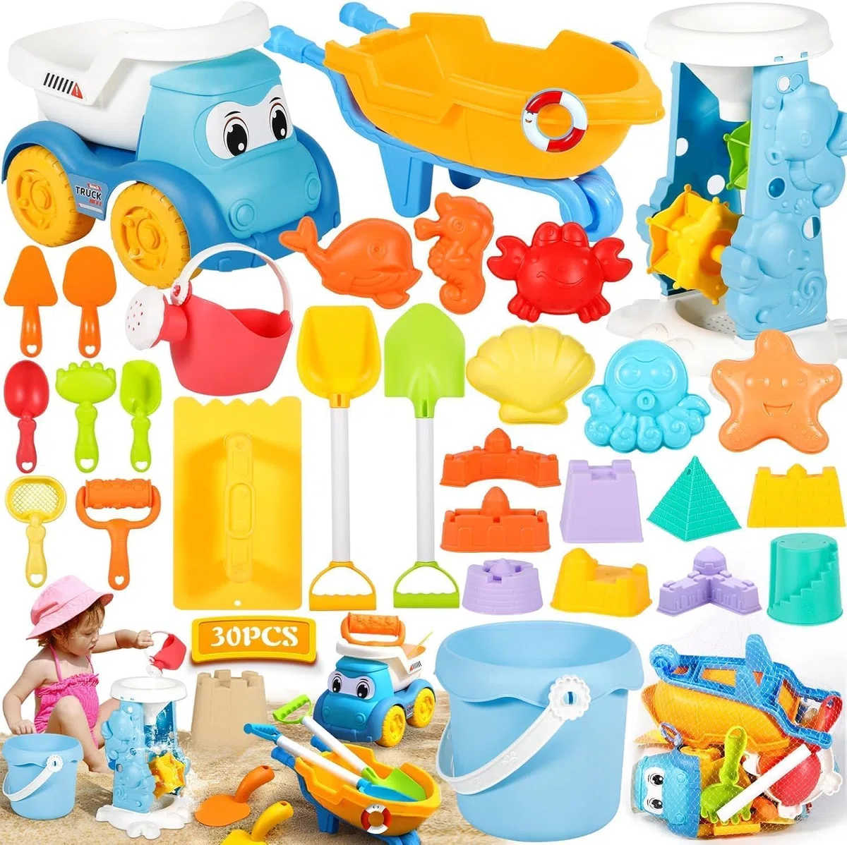 Giocattoli da Spiaggia, 30 Pezzi Spiaggia di Sabbia Giocattoli con Borsa a Rete, Secchiello, Secchiello Spiaggia, Acqua Ruota, Stampi, Giochi Spiaggia Bambini per attività All'aperto Bambini