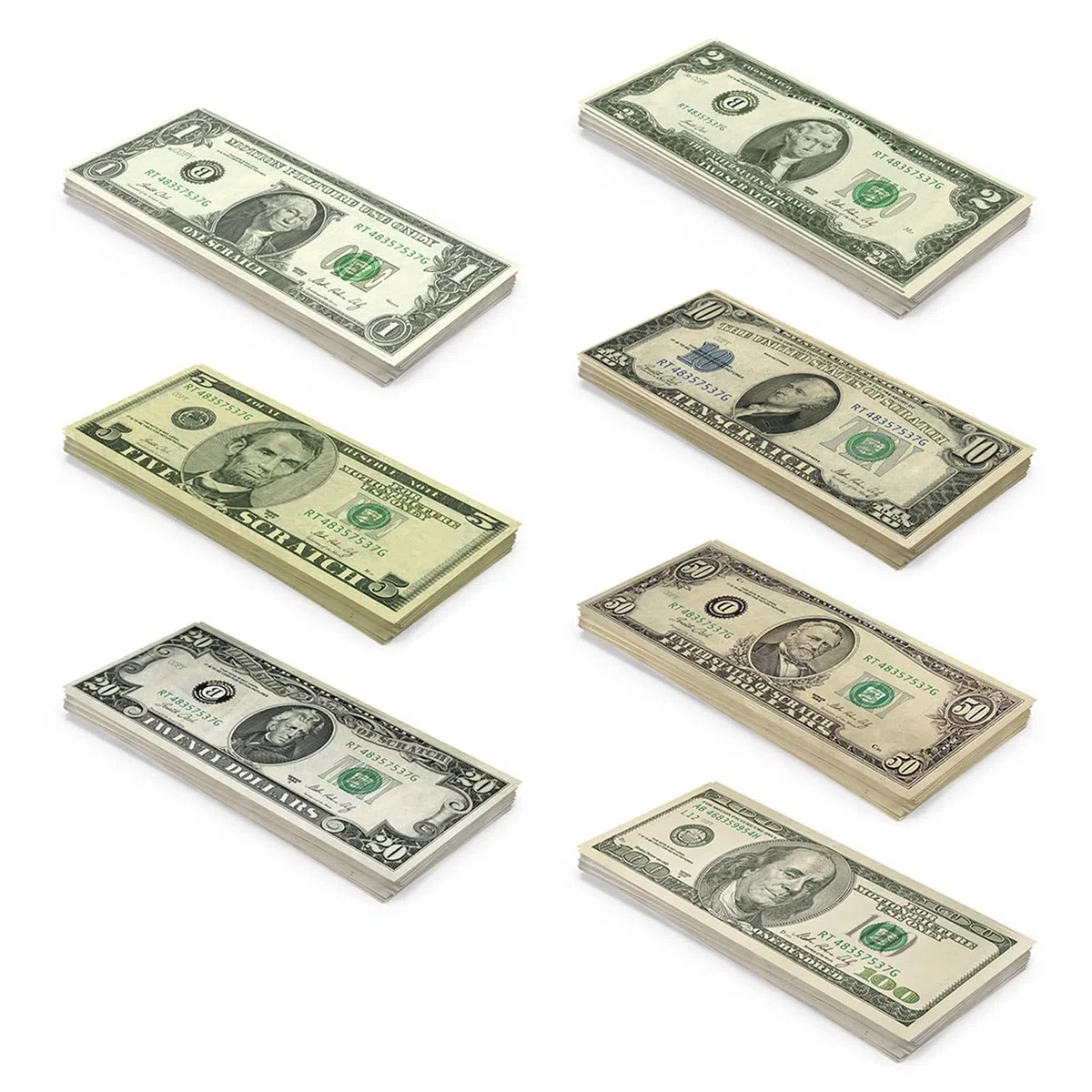 Scratch Cash Mini Bundle Old Style 175 - Banconote Finte 25 x $ 1, 2, 5, 10, 20, 50, 100 Dollari, Fac-Simile Dollari, Dimensioni Reali