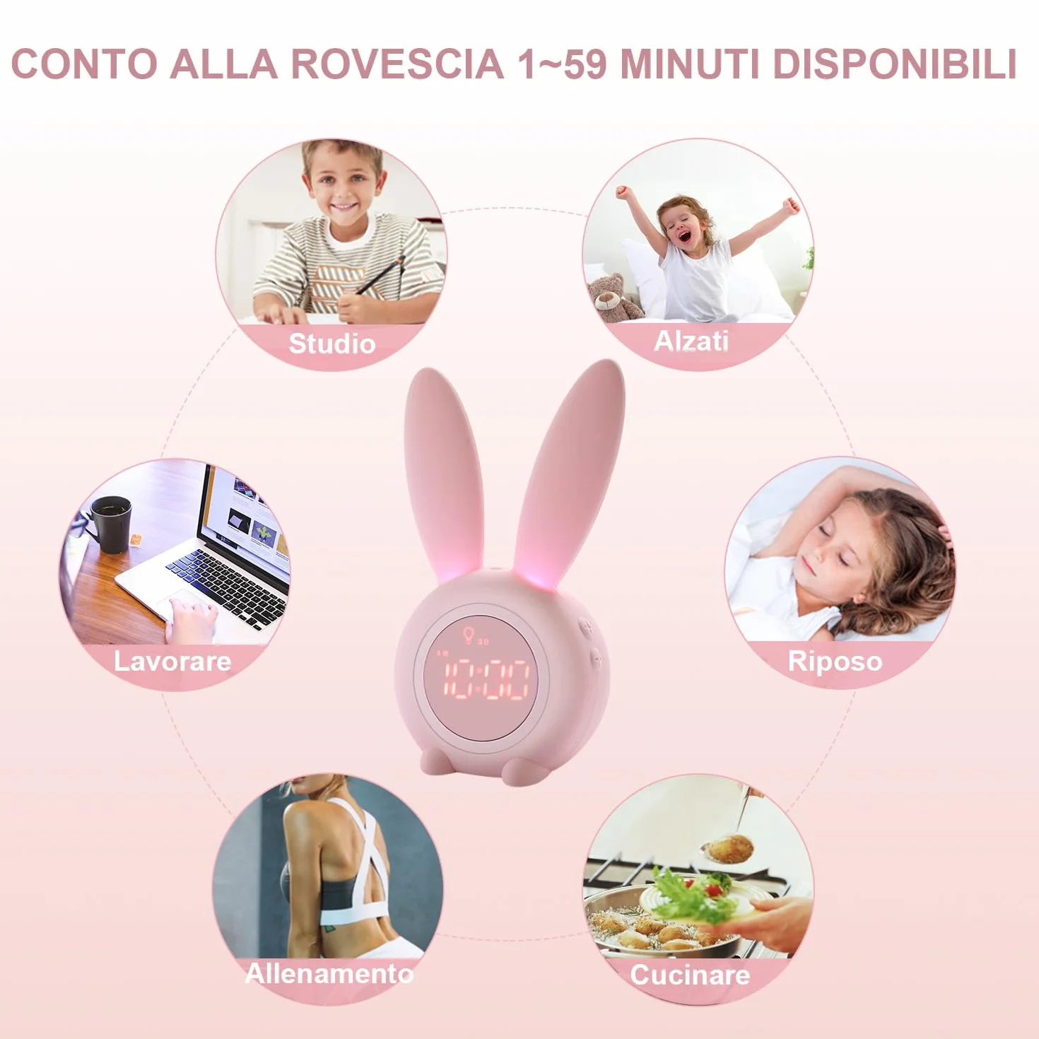 YONGYAO Sveglia Bambini Sveglia luminosa per bambini Réveil pour enfants avec motif de lapin mignon pour filles Réveil de la lumière Réveil Fonction Snooze Aimant Installation Timed Lapin Horloge