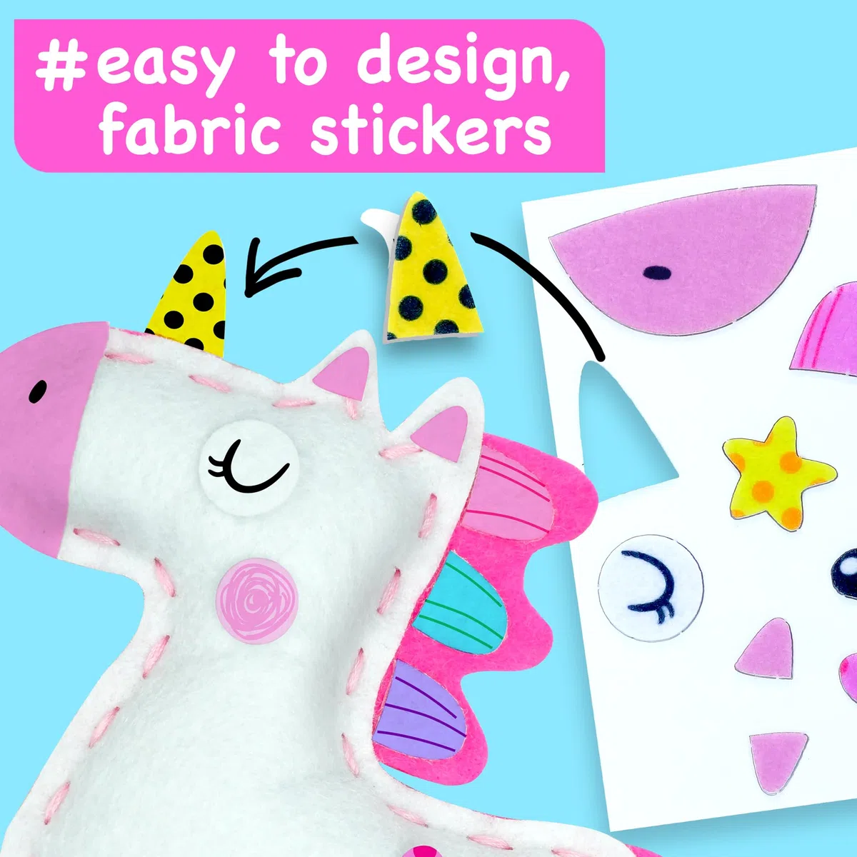EZCRA Kit di Cucito per Bambini Unicorno - Set di Attività Creative 4 in 1 - Imparare a Cucire Facilmente - Animali di Feltro con Adesivi Decorativi - Per Bambine dai 4 agli 8 Anni