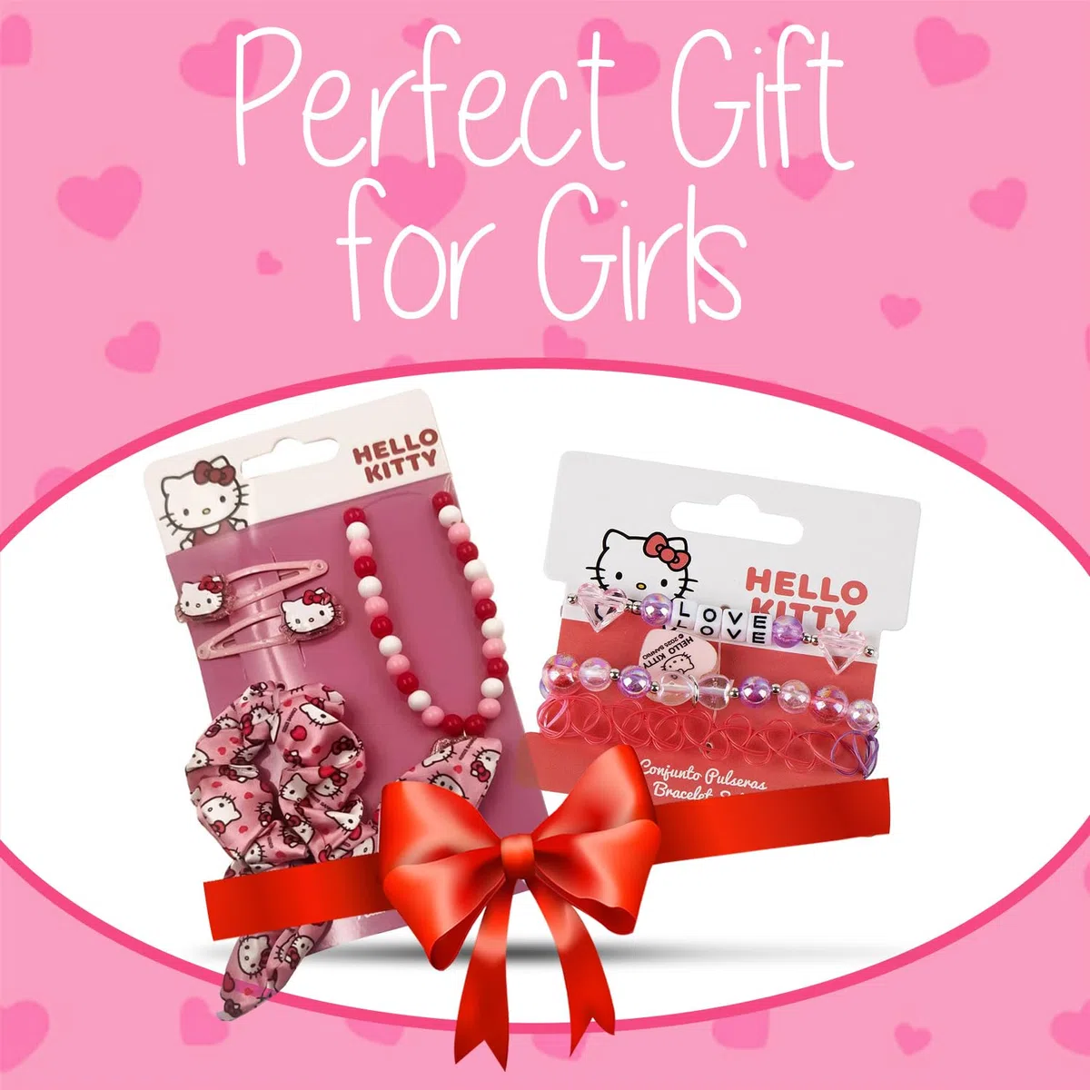 Hello Kitty - Set di gioielli e accessori per capelli da ragazza, 2 bracciali, collane con perle, tiranti e pinze, set moda per bambini, idea regalo per ragazza Hello Kitty