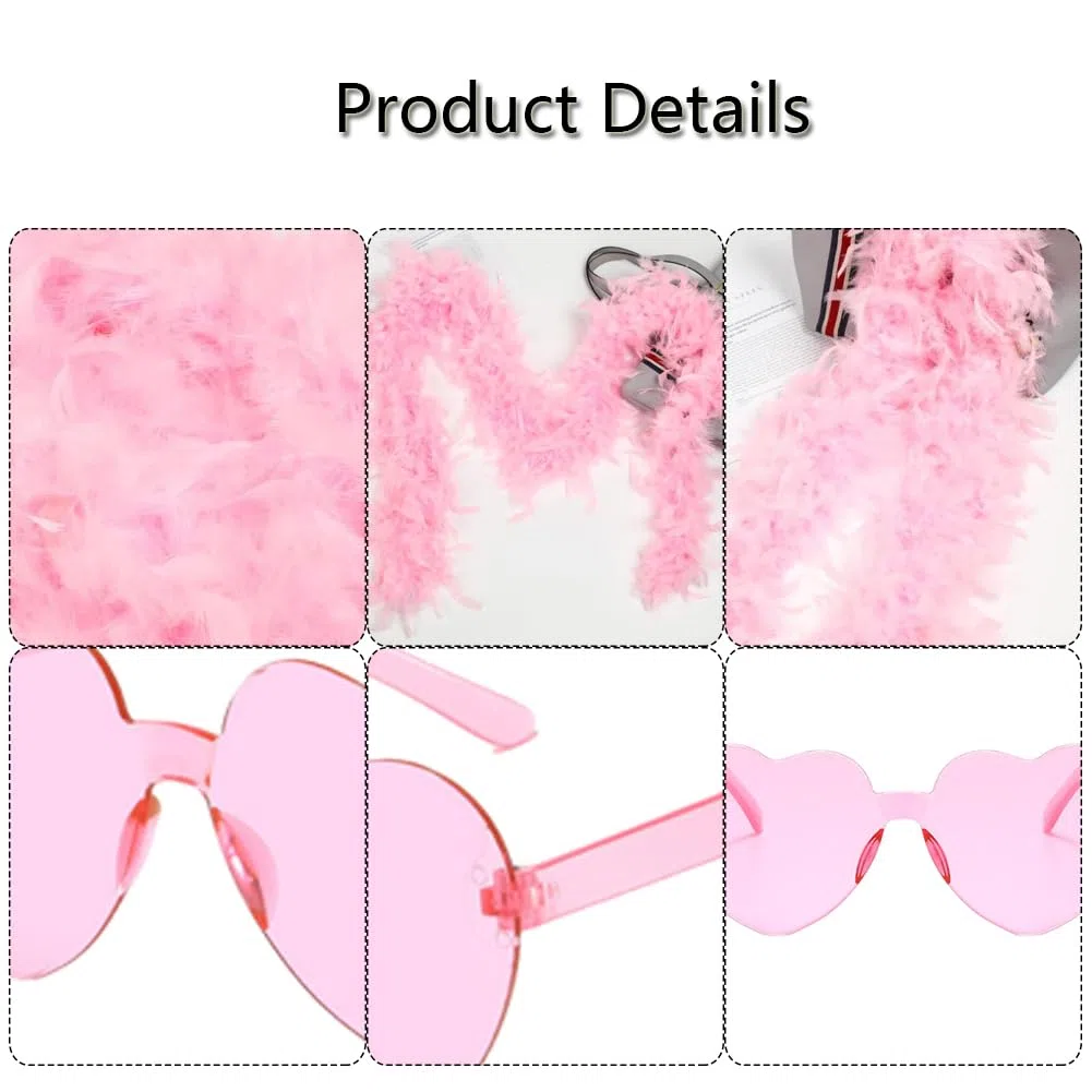 Tacchino Boa di Piume, Sciarpa di Piume da Donna Accessorio per Costumi con Occhiali da Sole Senza Cornice a Forma di Cuore per Cosplay, Carnevale, Festa a Tema(200CM, Rosa)