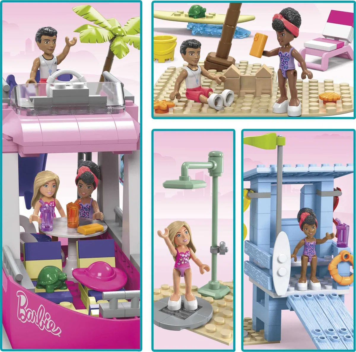 MEGA Barbie - Barca dei Sogni di Malibu, playset da costruire da 317 pezzi, include 3 mini bambole, 2 cuccioli e tanti accessori, giocattolo per bambini,, 6+ anni, HPN79