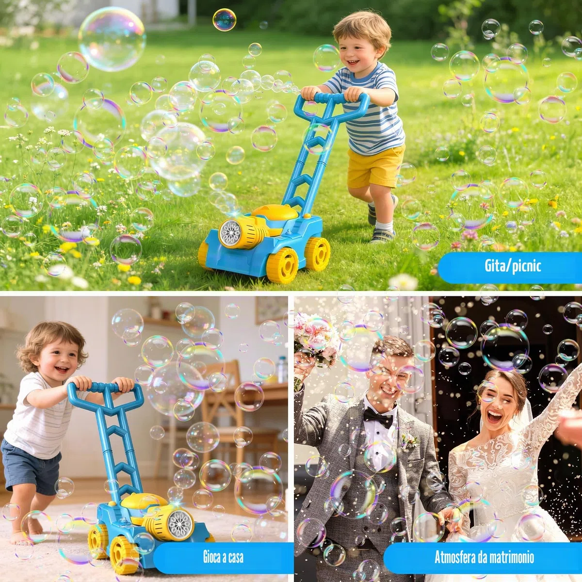 Macchina per Bolle Bambini 3 Anni+, Tosaerba Bolle Anti-Perdita, Giocattoli a Sapone Con Luce LED, Macchina Automatica per Soffiatore Di Bolle, Nozze & Festa Esterna