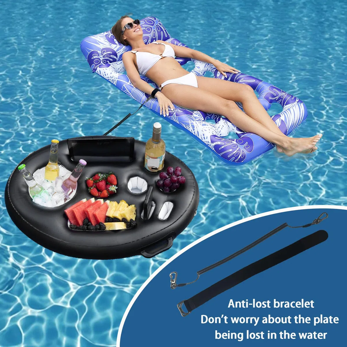 Vassoio Galleggiante per Piscina 9 Fori, 2-in-1 Portabibite Gonfiabile Piscina con Corda Trazione, Grande Portabicchieri Piscina, Bar Galleggiante Adulti Festa Estive in Piscina Gadget Piscina