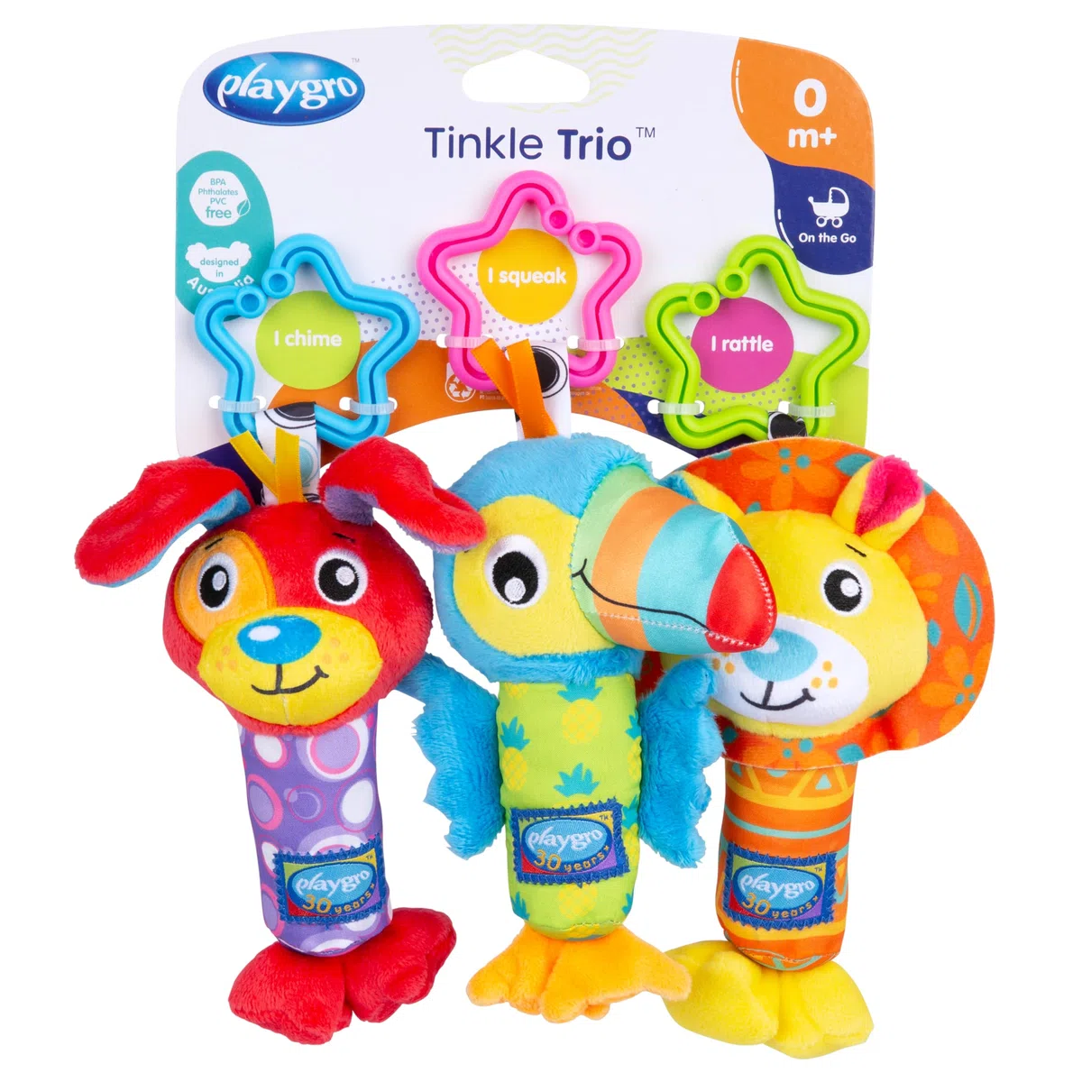 Playgro Trio di Pupazzi da Appendere, Con Tintinnio, Sonaglio e Campanellina integrati, A Partire dalla Nascita, Multicolore, 40193