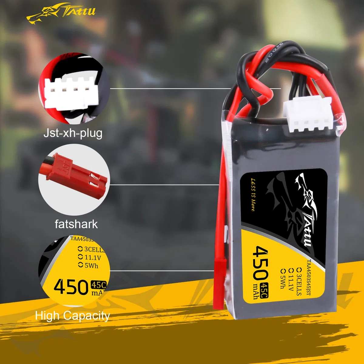 Tattu 3S 450mAh Batteria Lipo 11.1V 75C 3S1P with spina JST per UAV Drone RC Quadrocopter Multirotor FPV