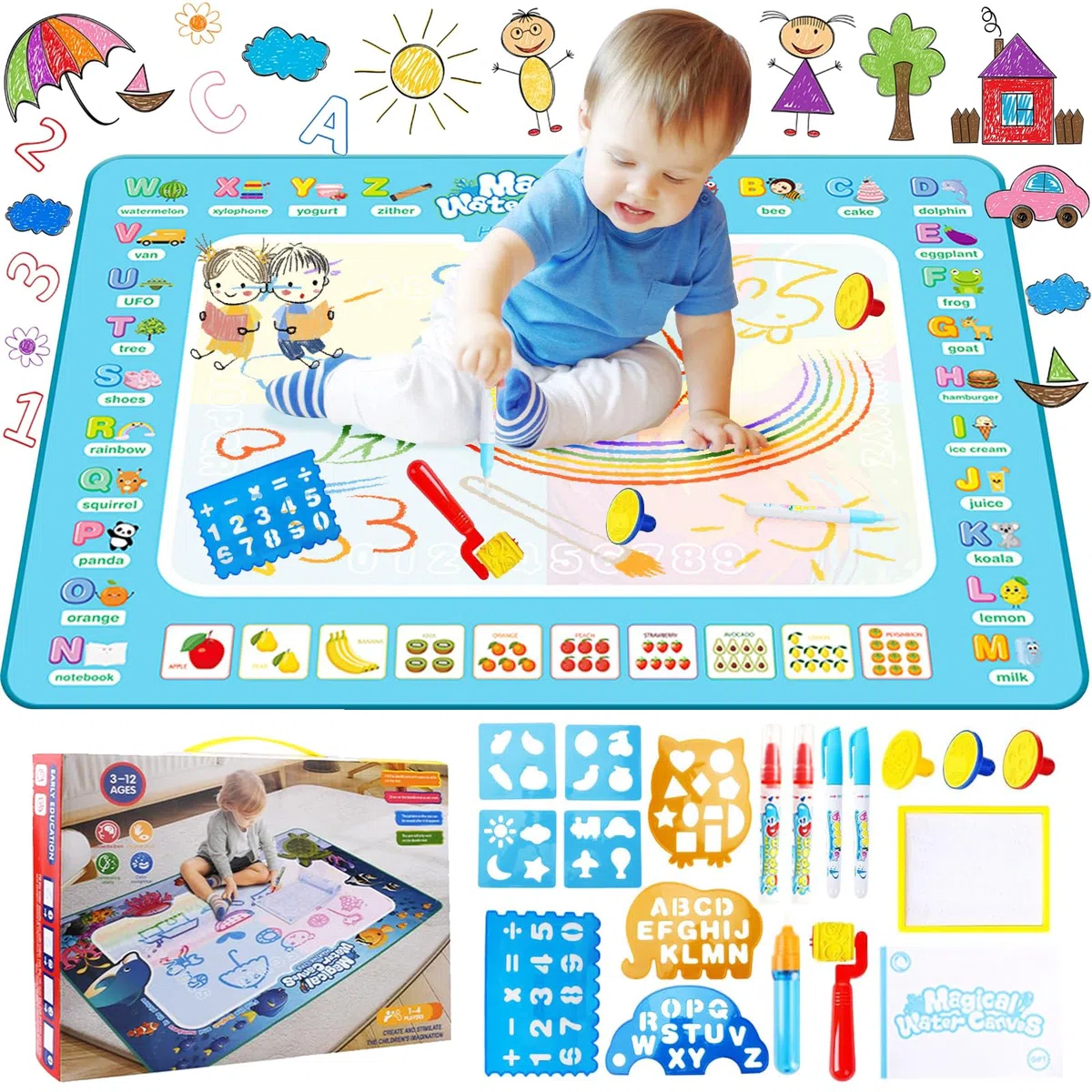 Tappeto Magico Bambini,100x80cm Doodle Tappeto Magico,Tappetino Doodle da Disegno ad Acqua Con Accessori,Tappetos Gioco Bambini,Riutilizzabile Senza Macchie,Giochi Educativi 3 Anni+
