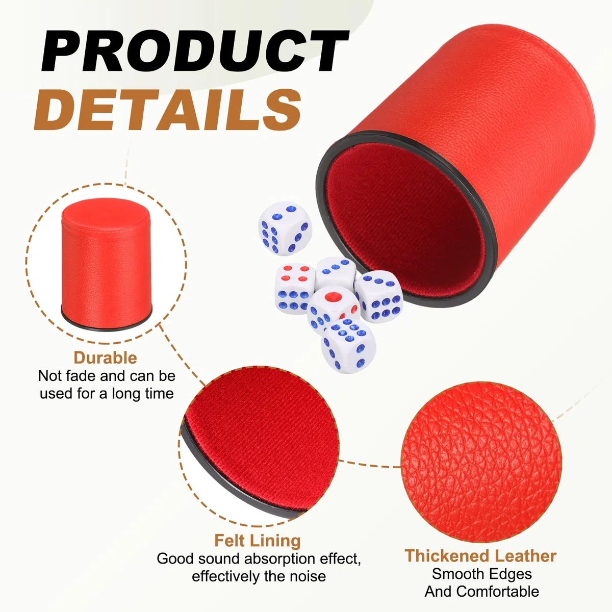 sourcing map Coppa per dadi professionale foderata in feltro, in pelle PU, silenziosa, include 6 dadi a pois per riunioni di bar, giochi da tavolo, colore: rosso