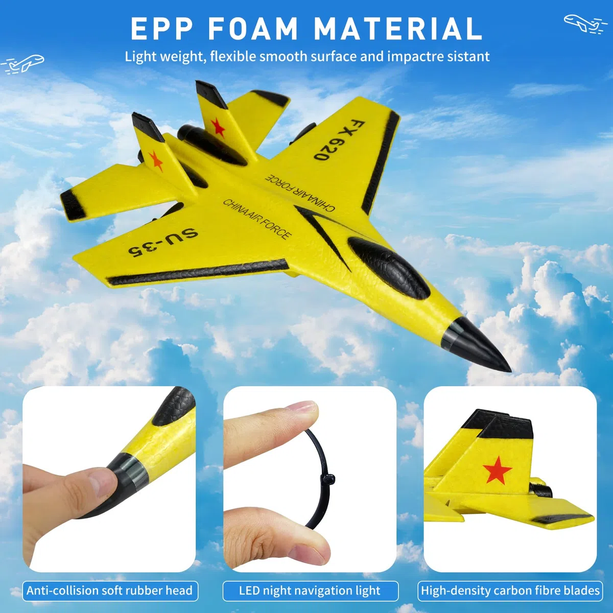 Aereo Telecomandato SU35, Aereo RC, 2.4G 2CH Aeroplano Telecomandato con Sistema giroscopico a 3 assi 2 Batterie e LED, Aliante Volante Telecomandato per Adatto a Bambini e Principianti(Yellow)