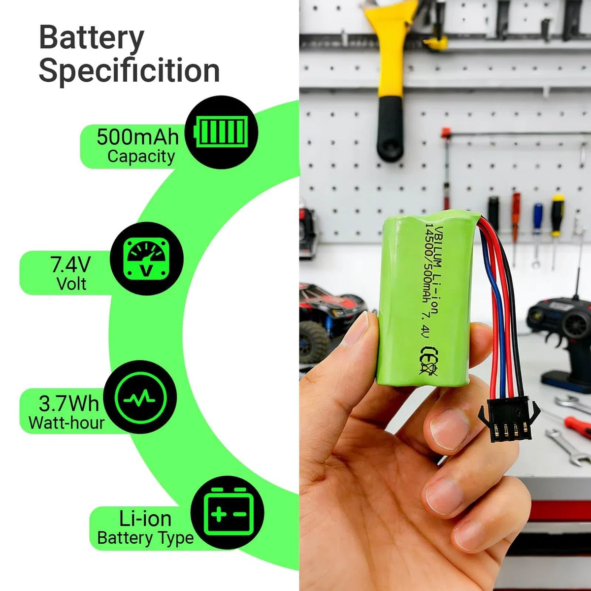 Batteria agli ioni di litio ricaricabile da 7,4 V 500 mAh SM-4P 4 pin spina per DE85 1:12 RC Truck XS-1S RC1-MR 1:16 Anfibio telecomando Auto Monster Truck Batteria e cavo di ricarica USB (2